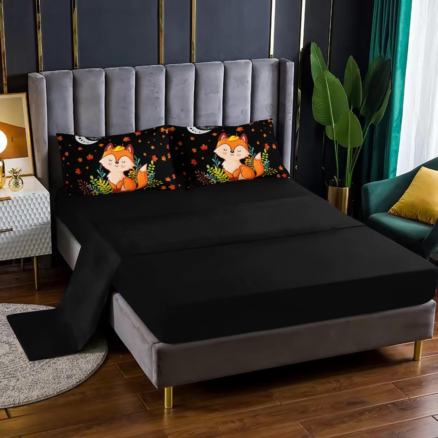 XYNHML Cartoon Fox Comforter Set 7Pcs Cute Fox Bedding Set for Kid Boy Girl Adult Moon Plants Leaves Printed Quilt Set Twin with 2 Sheets,2 Pillowcases,2 Throw Pillow Covers