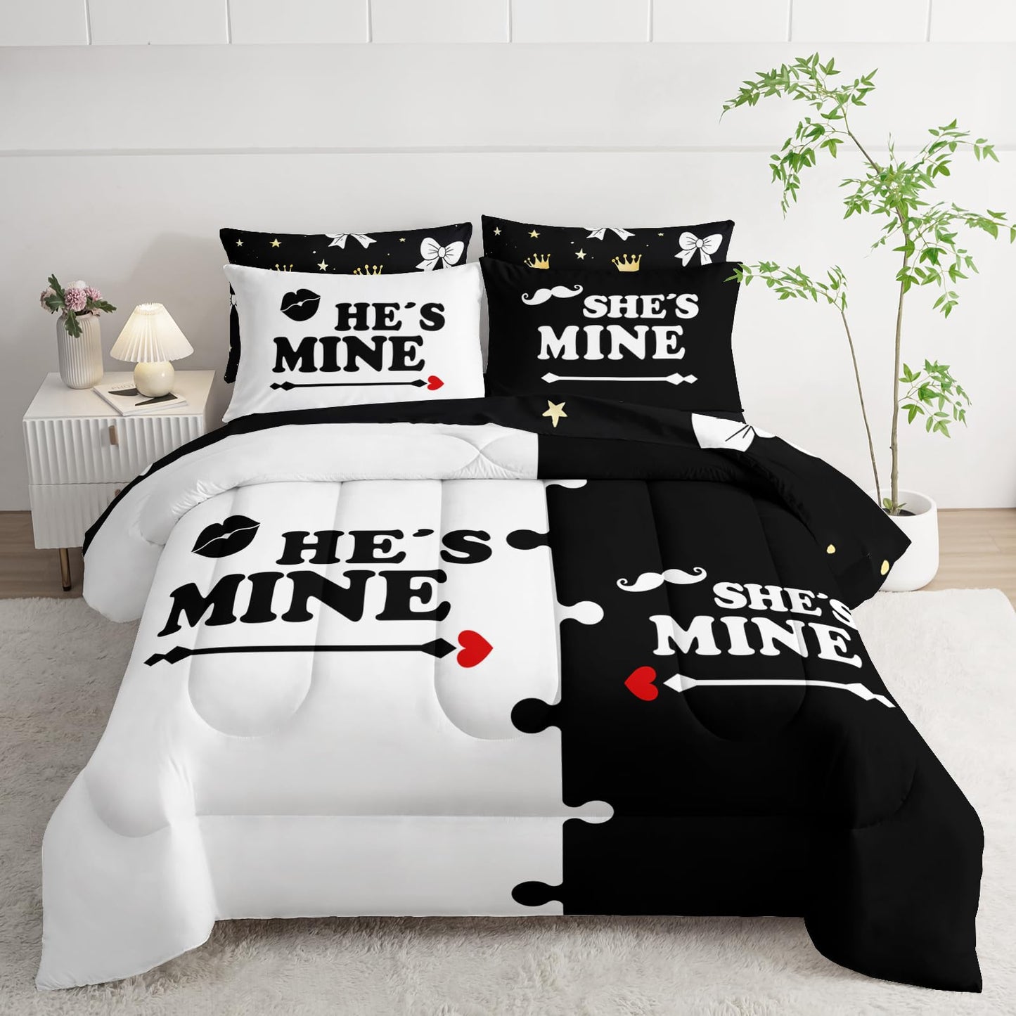 AILONEN Black and White Couple Comforter Set Full Size,7-Piece Soft Bed in a Bag,Valentine His Hers Comforter & Fitted Sheet & Flat Sheet & 2 Pillowcases,2 Pillow Shams for Bedroom