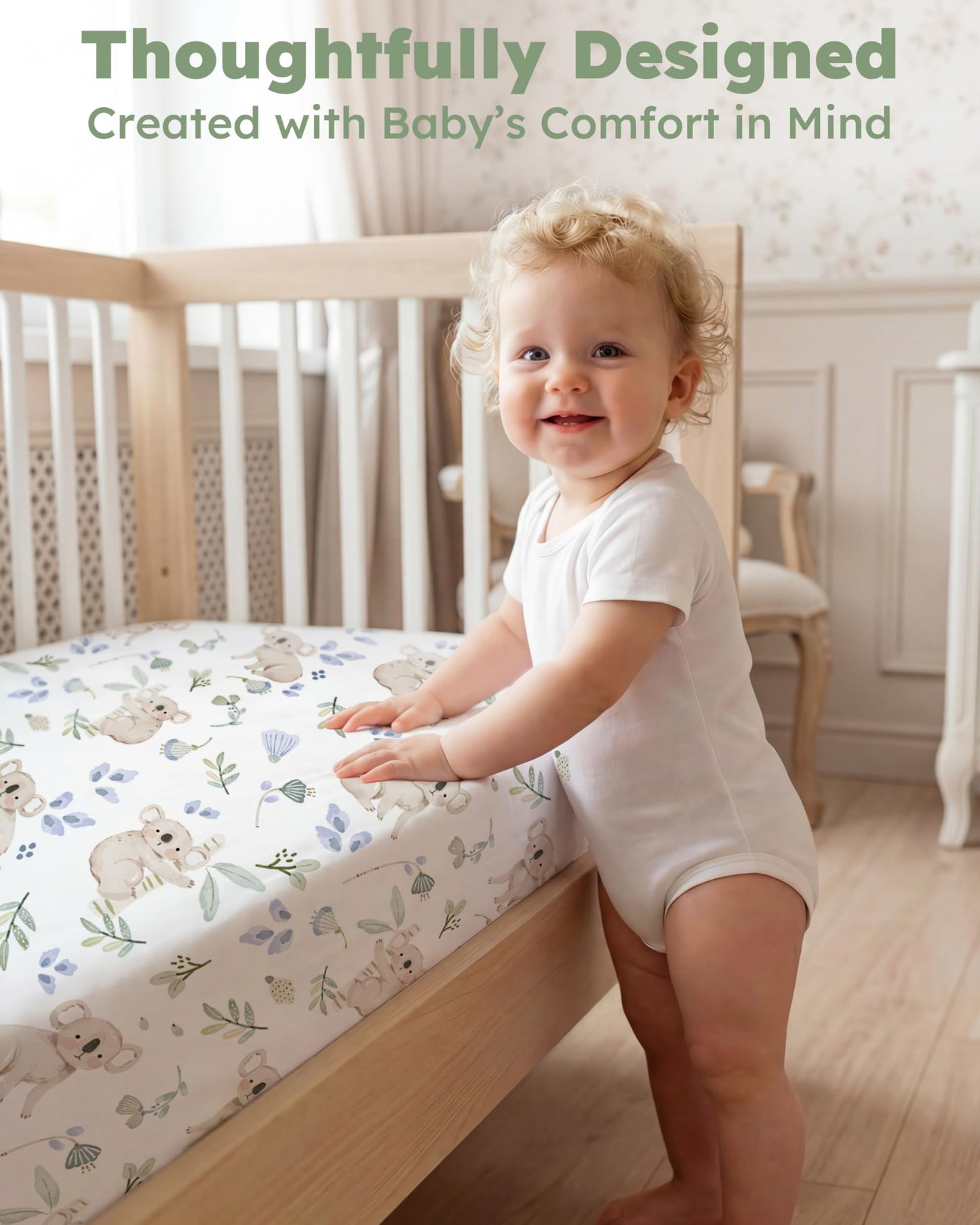 Nyessmee Baby Crib Sheets for Boys and Girls, Fitted Crib Sheets 52" x 28", Soft Breathable Microfiber Sheets for Standard Crib and Toddler Mattress, 2-Pack Green Koala