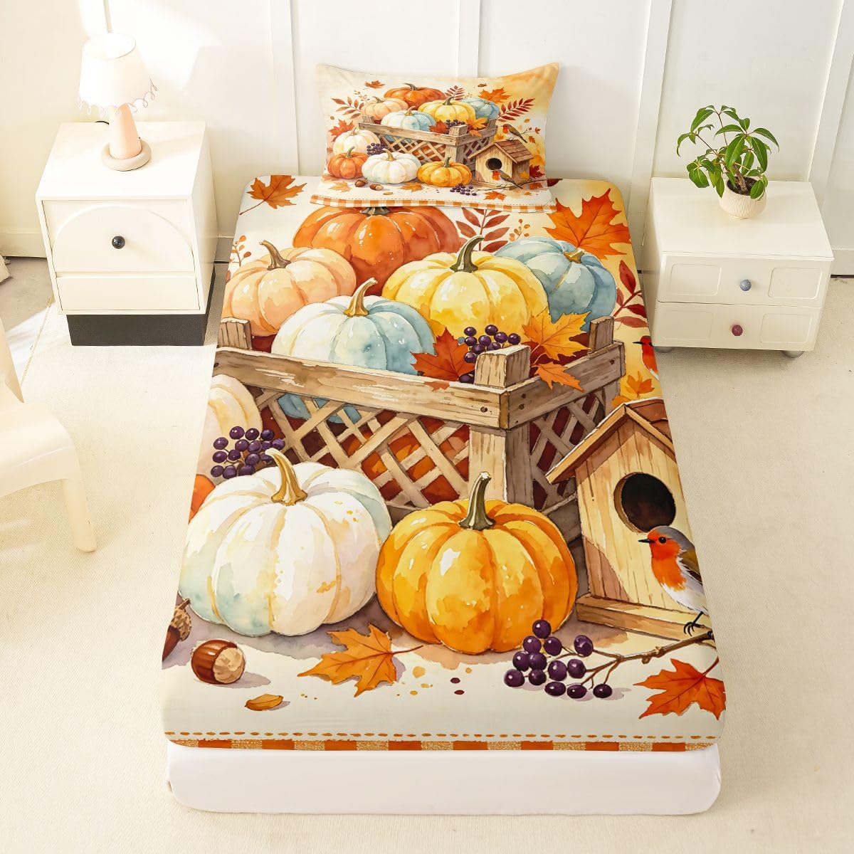 Erosebridal Harvest Pumpkin Bed Sheets Twin Size Orange Gingham Geometric Checkered Sheet Set Teens Adults Autumn Maple Leaf Bedding Set Happy Fall Thanksgiving Sheets