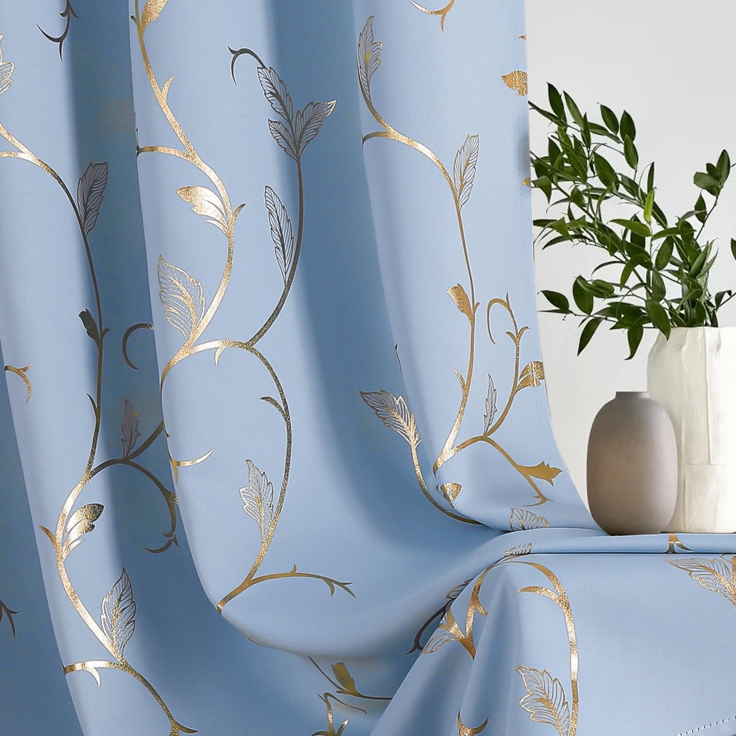 BUHUA Blackout Curtains Gold Foil Print Flower Vine Grommet Drapes, Room Darkening Thermal Insulated Curtains, Noise Reducing Blackout Curtain for Bedroom, Blue, 52Wx84L, 2 Panels