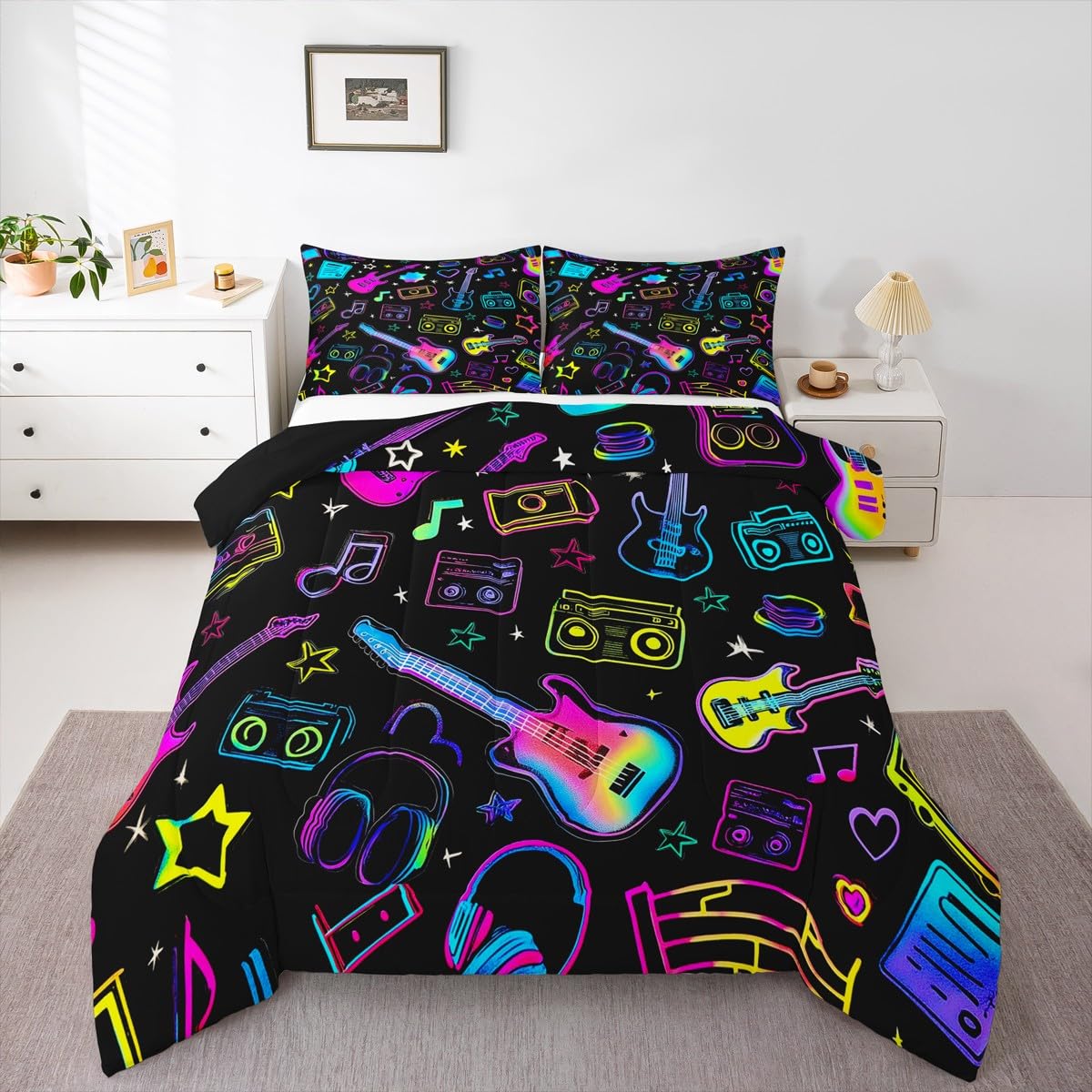 Erosebridal Music Theme Kids Comforter Sets Guitar Headphone Radio Queen Bedding Set for Boys Girls Rock Musical Instruments Comforter Set,Music Lovers Quilt Duvet 3 Pcs