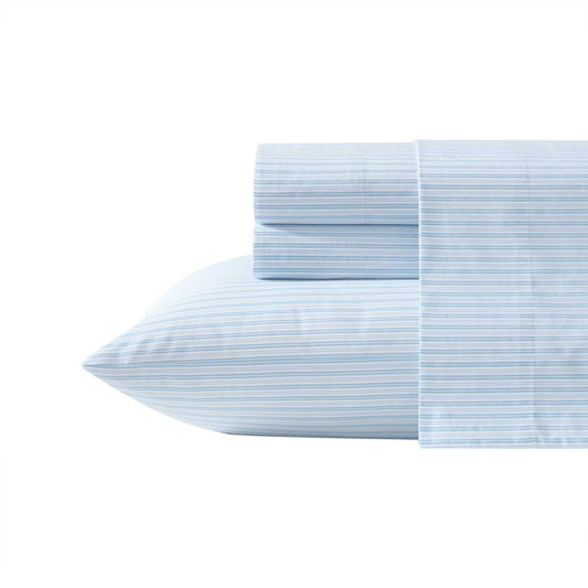 Laura Ashley – Twin Size Sheet Set, Crisp & Lightweight Cotton Percale Bedding with Fitted Sheet and Pillowcase, Striped Room Decor, Deep Pocket, College Dorm Room Essentials (Bedford Skinny Blue)