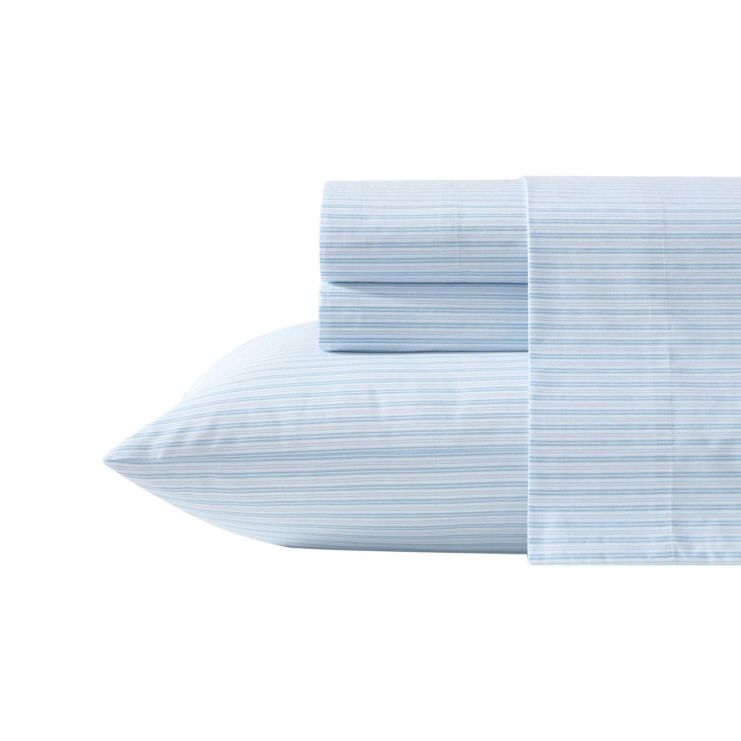 Laura Ashley - King Sheet Set, Crisp & Cool Cotton Percale Bed Sheets, Deep Pockets, Striped Bedding with Matching Fitted Sheet & Pillowcases (Bedford Skinny Stripe Blue)