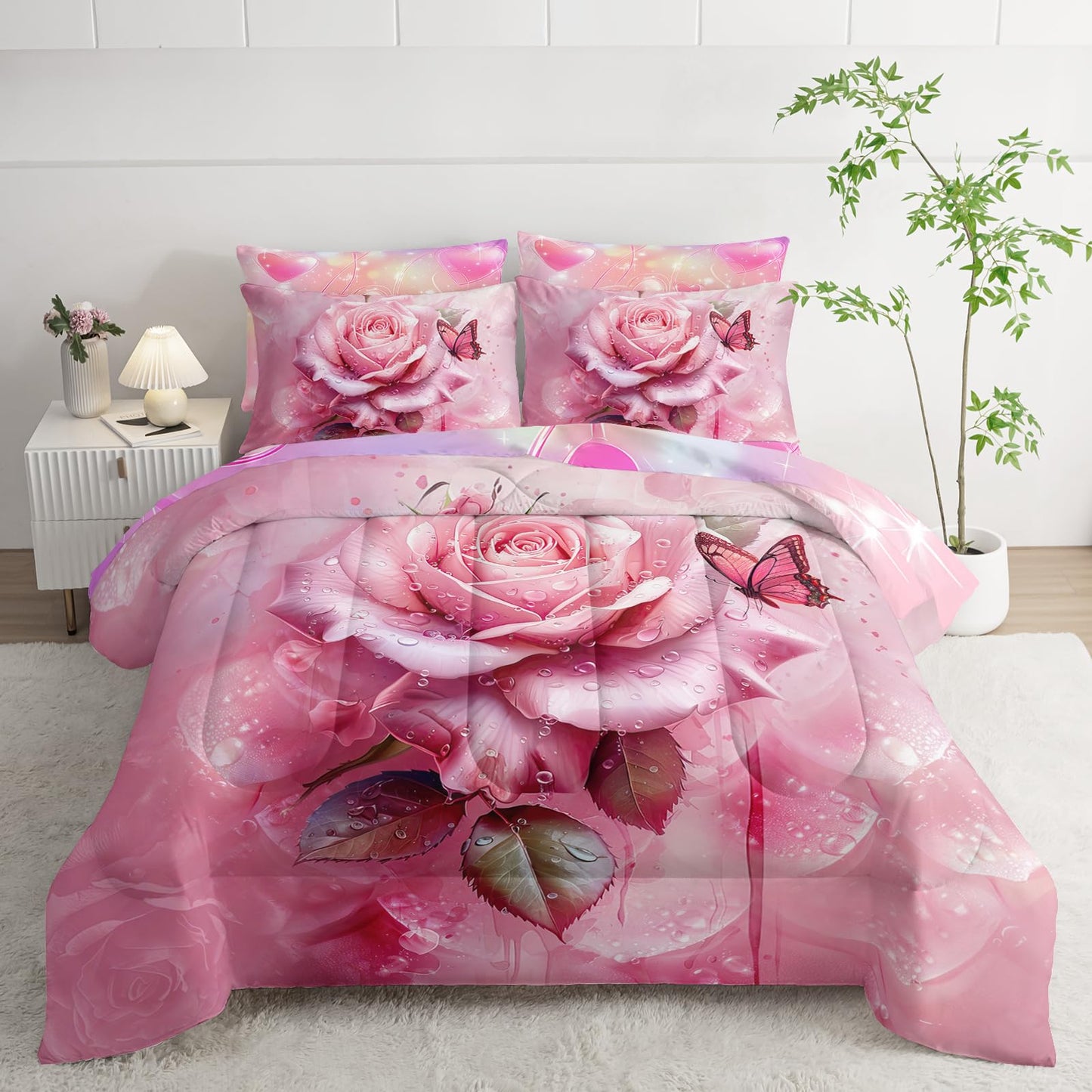 AILONEN Pink Rose Comforter Set Full Size for Girls Women,7-Piece Soft Bed in a Bag,Rose Flower Butterfly Comforter & Fitted Sheet & Flat Sheet & 2 Pillowcases,2 Pillow Shams