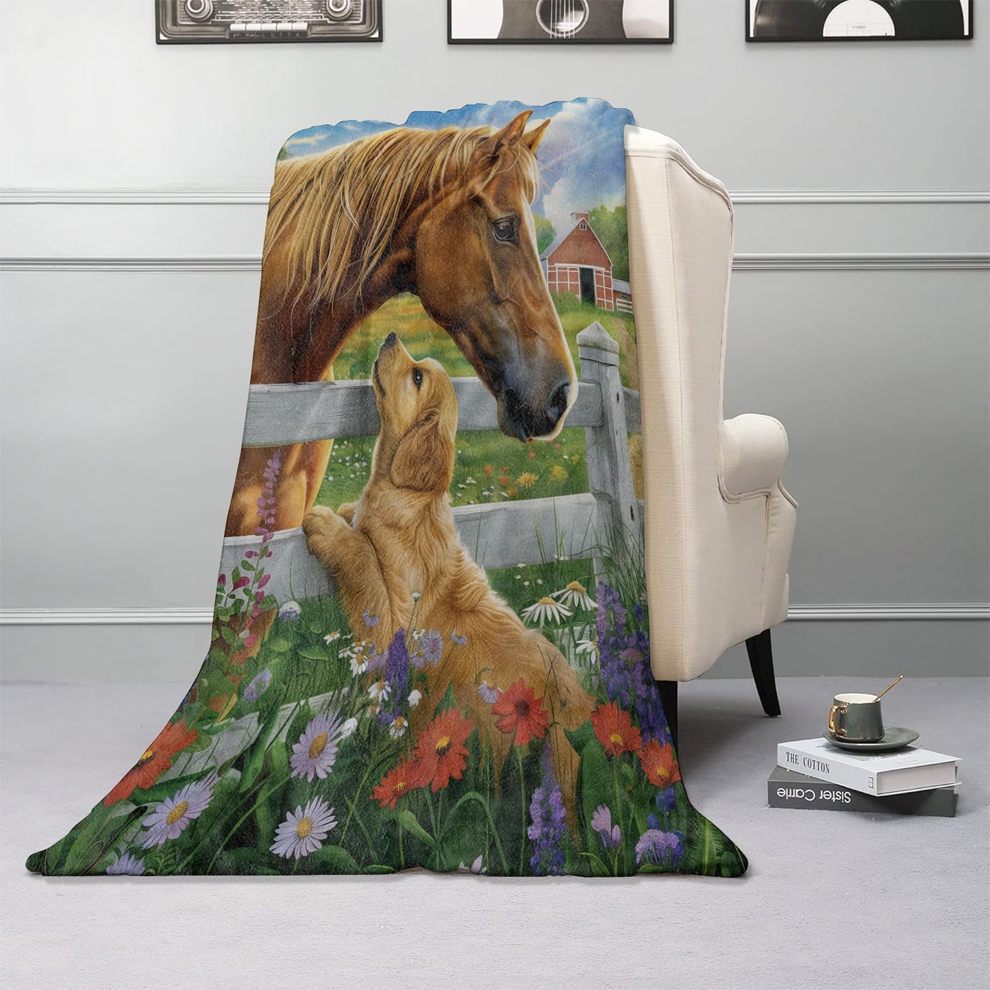 Kibue Horse & Puppy Blanket, Soft & Warm Flannel Throw - Cozy Plush Lightweight Blankets for Travel, Sofa, Bedroom, Office, Decor for Adults Kids - Ideal for All Seasons 60"×50"