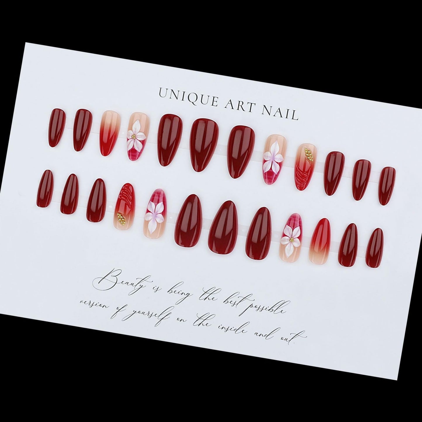 octoswave Press on Nails Medium Almond Fake Nails 3D Flowers Artificial Nail Embossed Designs Stick on Nail for Women 24pcs
