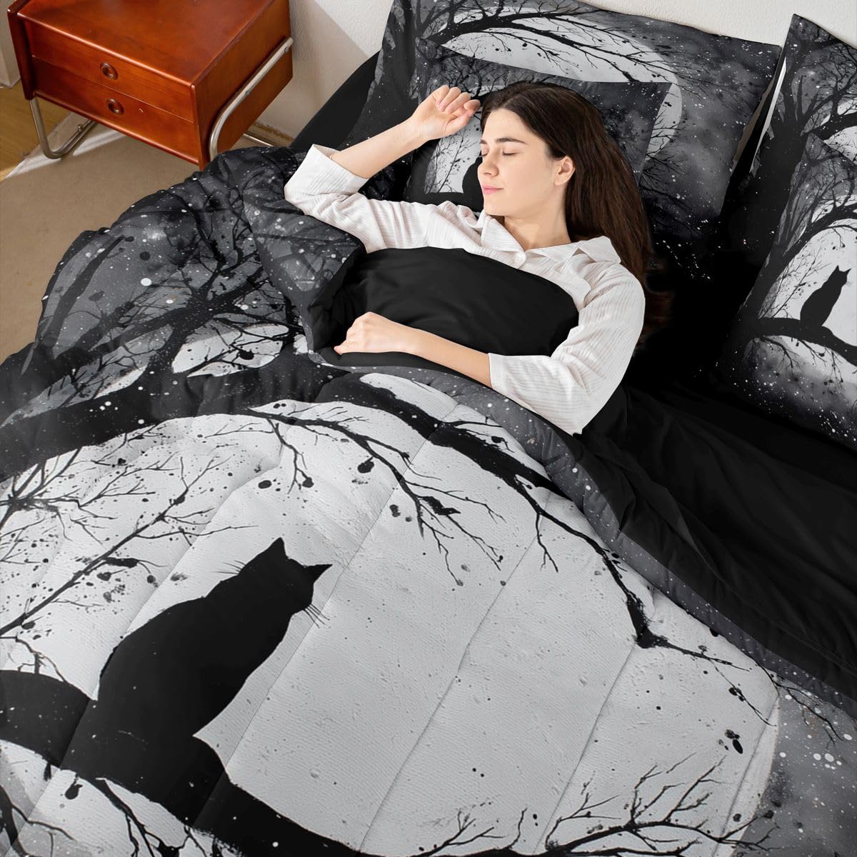 Erosebridal Halloween Black Cat 7-Piece Bedding Set Full Size Gothic Midnight Black Cat Bed in a Bag Midnight Full Moon Comforter Set with Sheets Tree Branches Duvet Insert