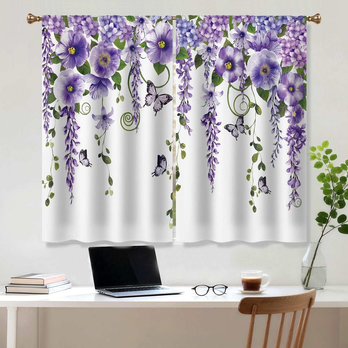 Cizuug Purple Floral Butterfly Lavender Kitchen Curtains Purple Floral Farmhouse Country Drapes Rod Pocket Spring Lilac Flower Summer Small Short Cafe Tier Curtain for Bathroom 2 Panels (27.5x39Inch)
