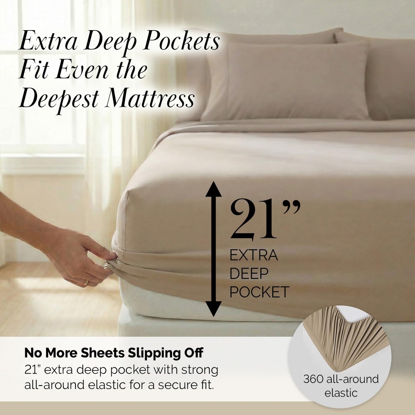 Southshore Fine Living, Inc. Queen Sheet Set, Deep Pocket Bed Sheets, Queen Size Set with 21" Deep Pocket Fitted Sheet, Pleated Flat Sheet and Queen Pillow Cases Set of 2, Taupe Sheets Queen Size