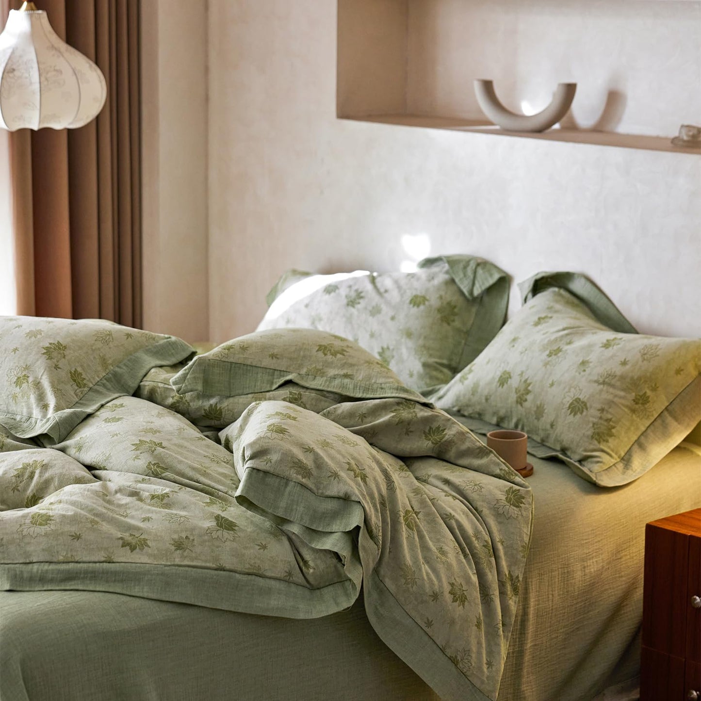 mixinni Yarn-Dyed Jacquard Duvet Cover King, Green Botanical Leaf Print 3-Piece Bedding Set with Wide Edge Piping, Soft Breathable Double Layer Gauze for All Seasons (1 Duvet Cover + 2 Pillowcases)