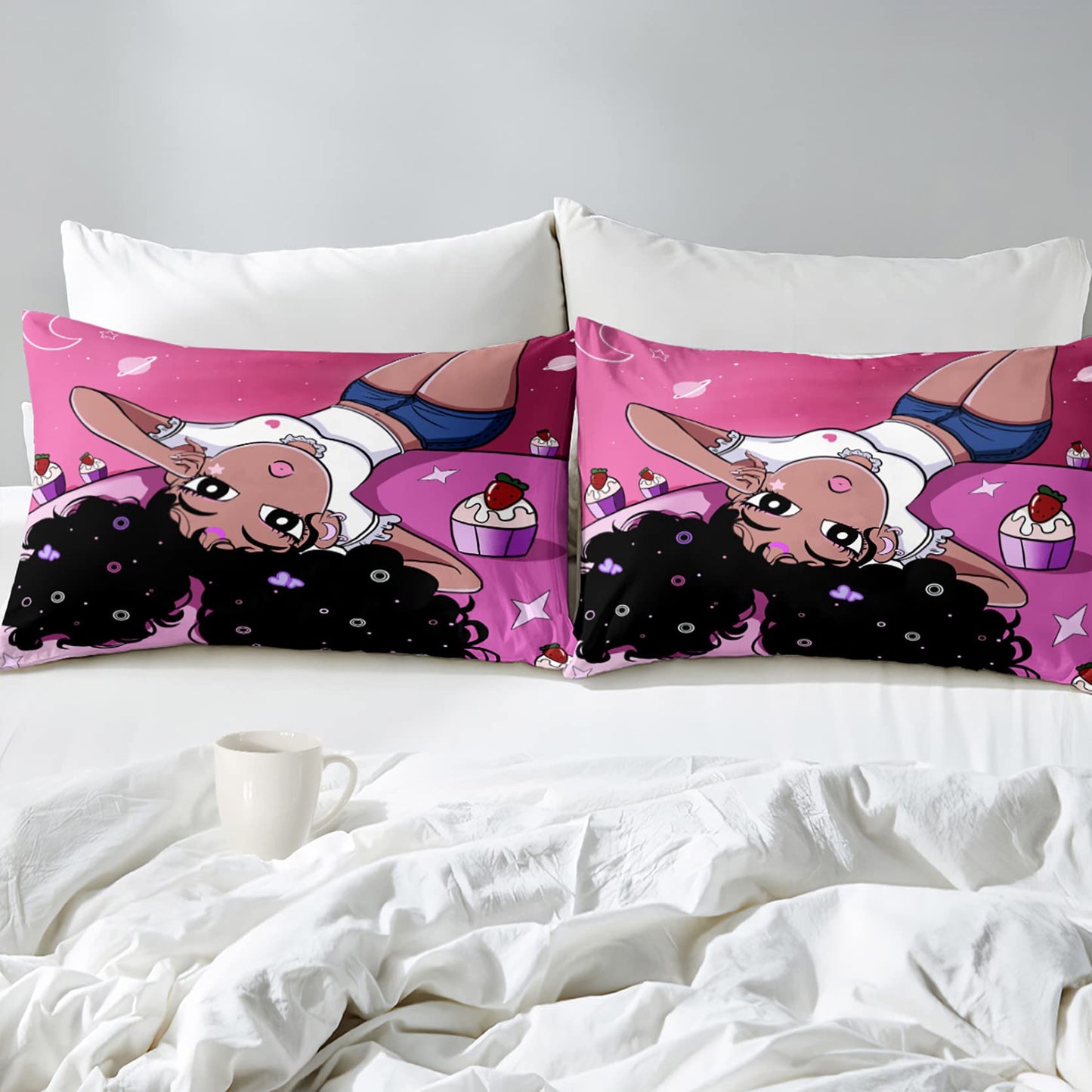 FJKJHKGJ African American Comforter Sets for Girls, Black Girls Kids Comforter Sets 2 Piece Pink Twin Size Bedding with 1 Pillowcase