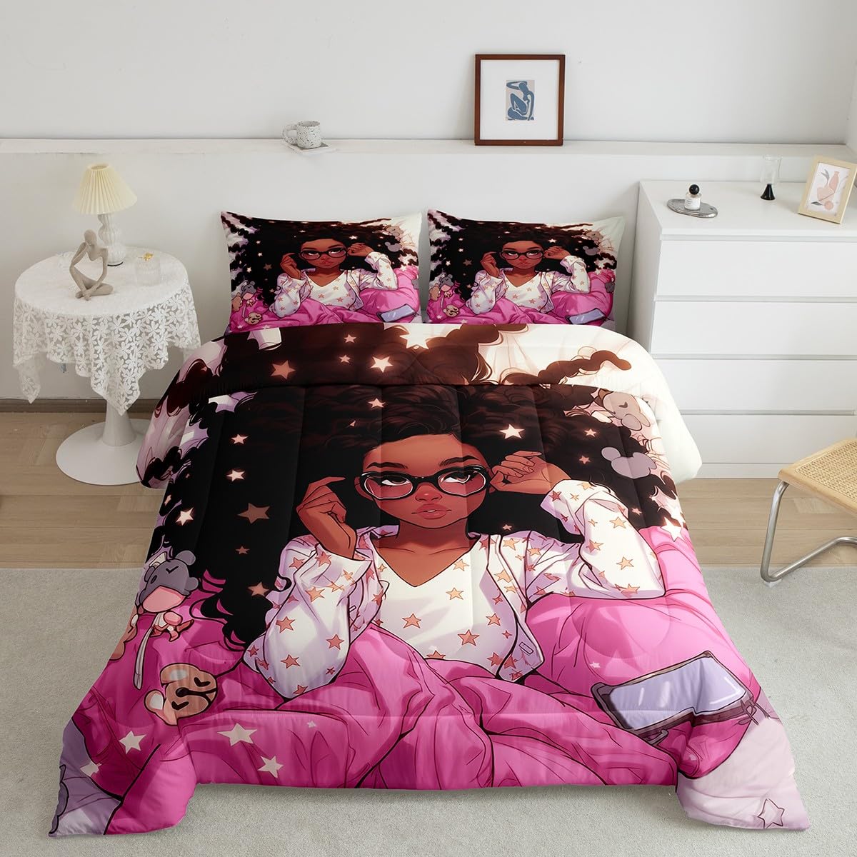 Manfei Black Princess Girlish Kids Comforter Set Full Size,Shiny Stars Dreamy Bedding Set,Girls Women Room Decor,African Amercian Theme Girls Down Comforter,Pink Romantic Duvet Insert,2 Pillowcases