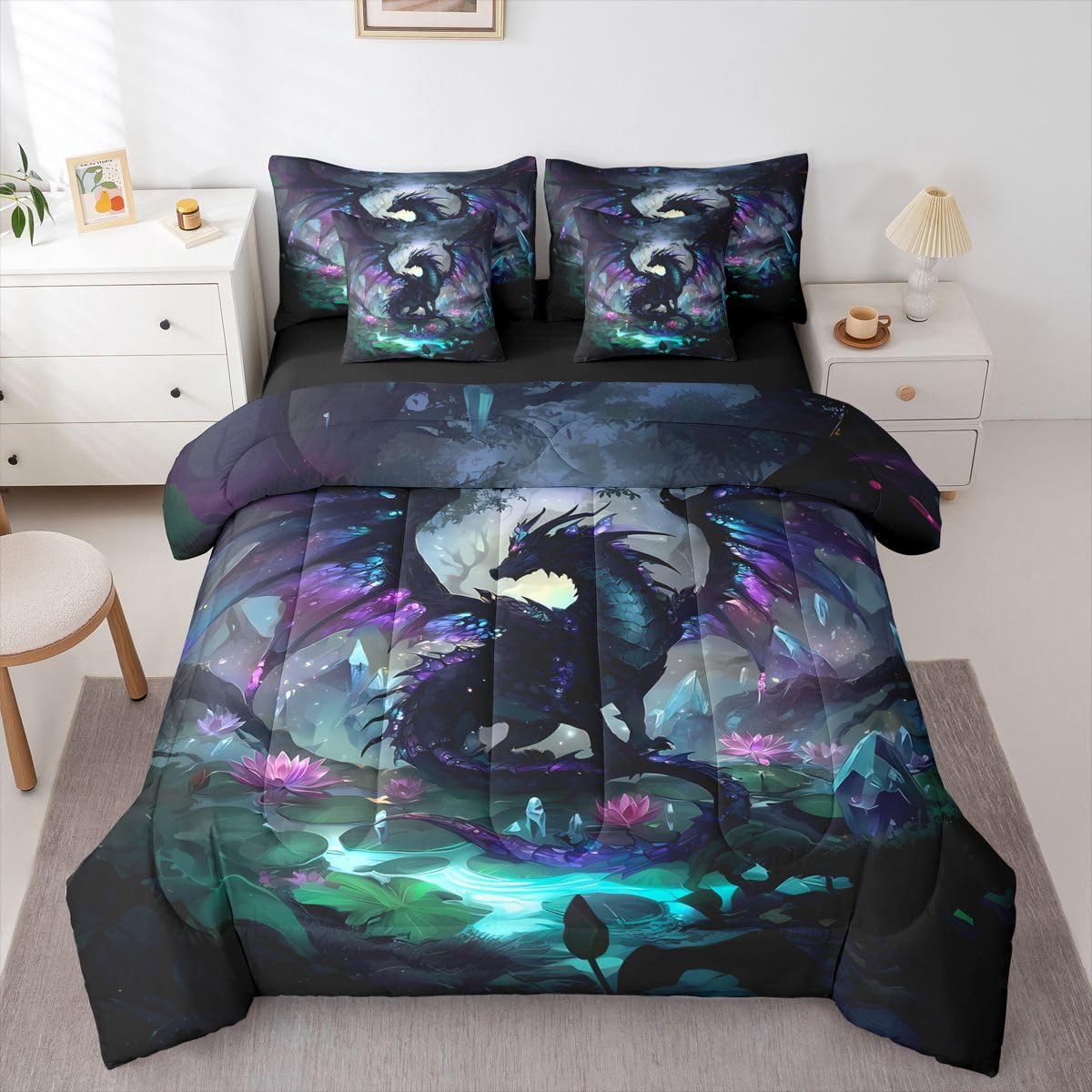 Feelyou Dragon Comforter Set with Sheets 7 Piece Twin Size Dragon Stuff Bedding Set for Kids Boys Girls Wild Life Bed in a Bag Magic Wildlife Room Decor Black Purplish Soft Lightweight Microfiber