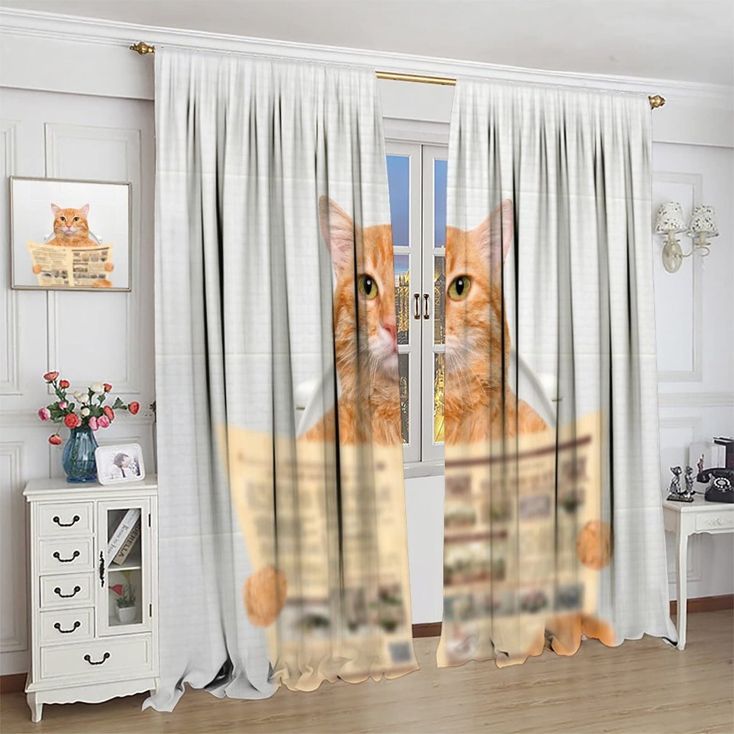 Funny Animal Bathroom Curtains,Cute Cat Reading Newspaper on Toilet Lovely Kitty for Pet Lover Window Drapes for Living Room Kitchen Bedroom Decor,Set of 2 Panel W42xL45in