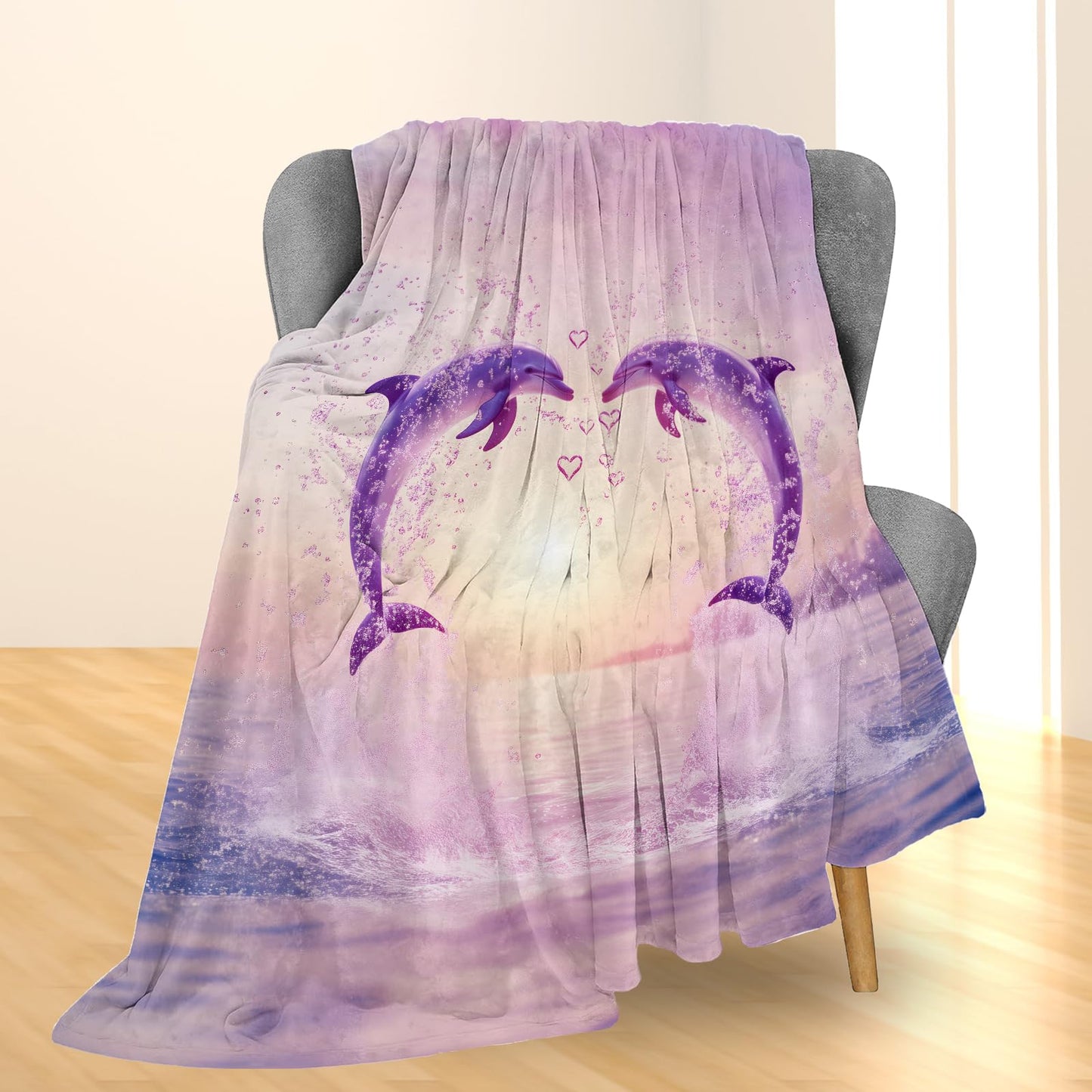 Ti Caldi Jumping Dolphin Blanket, Soft Warm Heart-Shaped Design Flannel Throw Blanket for Couch, Bed, Travel & Home Decor, Lightweight Cozy Fuzzy Blankets for Adults Kids Women Men 60×50 in