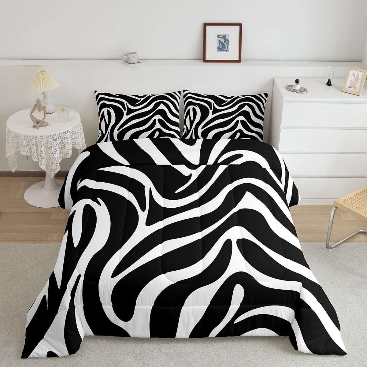 Zebra Stripe Comforter Set Queen Size,Wild Animal Skin Fur Printed Bedding Set for Kids Boys Girls Room Decor,Black White Geometric Striped Duvet Insert 3Pcs,Soft Microfiber Quilt Set,2 Pillowcases
