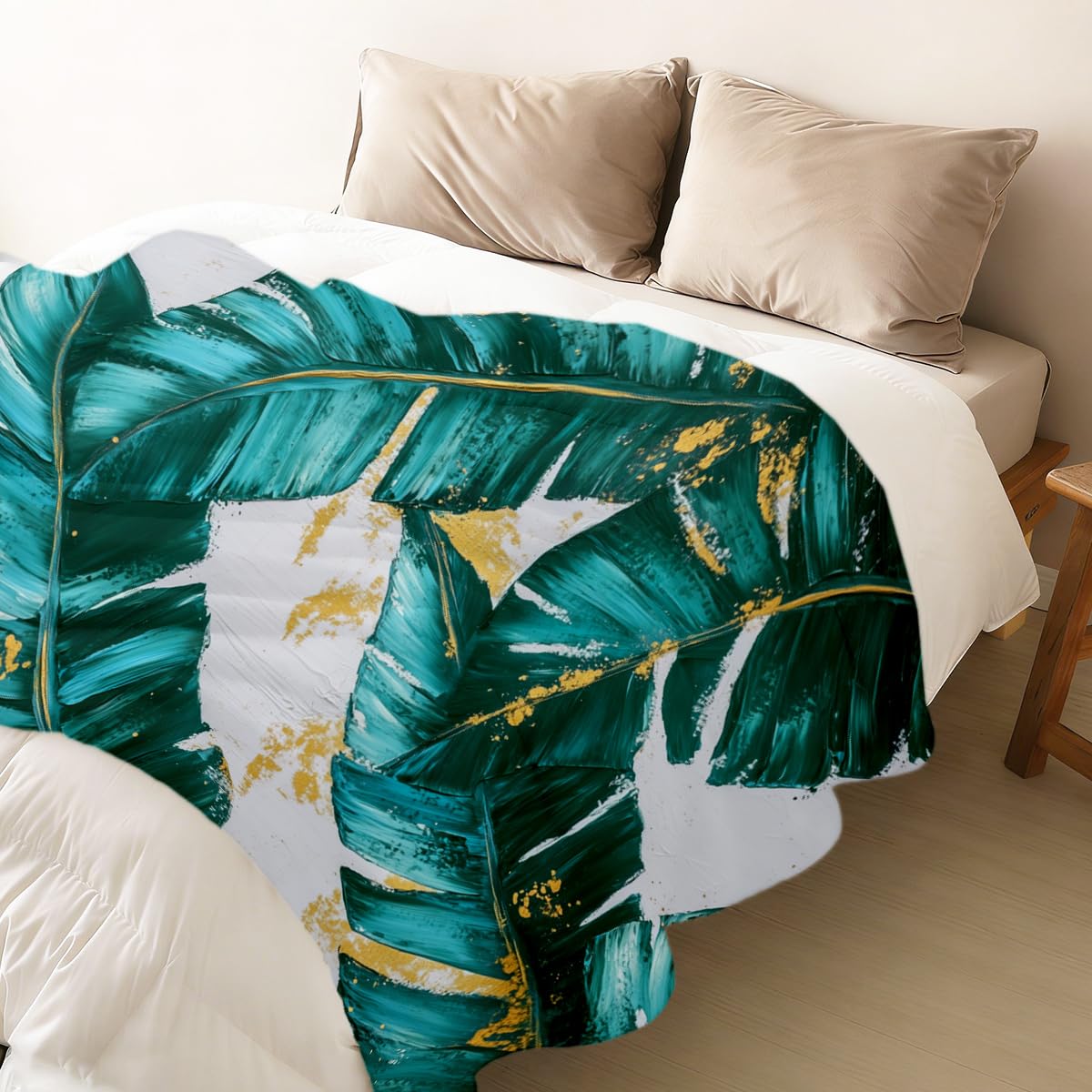 HUNXIAOJ Tropical Blankets and Throws Tropical Plant Blanket for Couch Bed Room Home Decor Tropic Leaf Throws Teal Gold Botanical Decor Flannel Gifts for Women Adults Kids 49"x59"