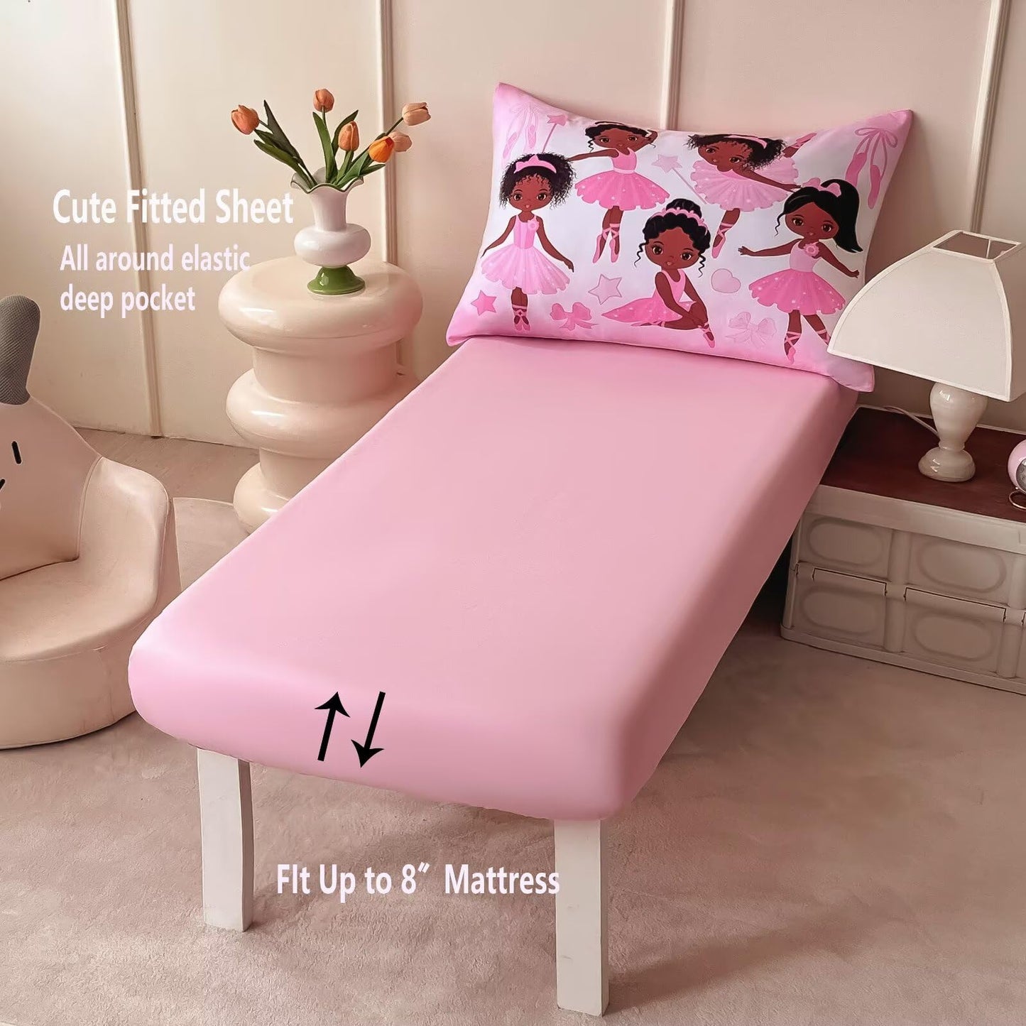 GRAT TIOC 4 Piece Toddler Bedding Set for Girls,Toddler Pink Ballerina Comforter Set,Dancer Princess Toddler Bed Comforter Set Includes Comforter, Flat Sheet,Fitted Sheet,Pillowcas