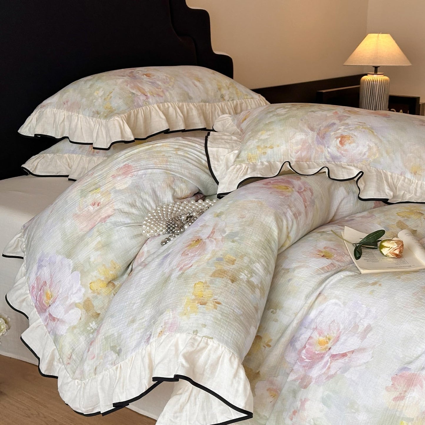VM VOUGEMARKET Muslin Cotton Duvet Cover Queen Chic Floral Duvet Cover with Romantic Ruffles Soft Linen Like Gauze Comforter Cover with Zip Closure and Corner Ties- 90"x90"