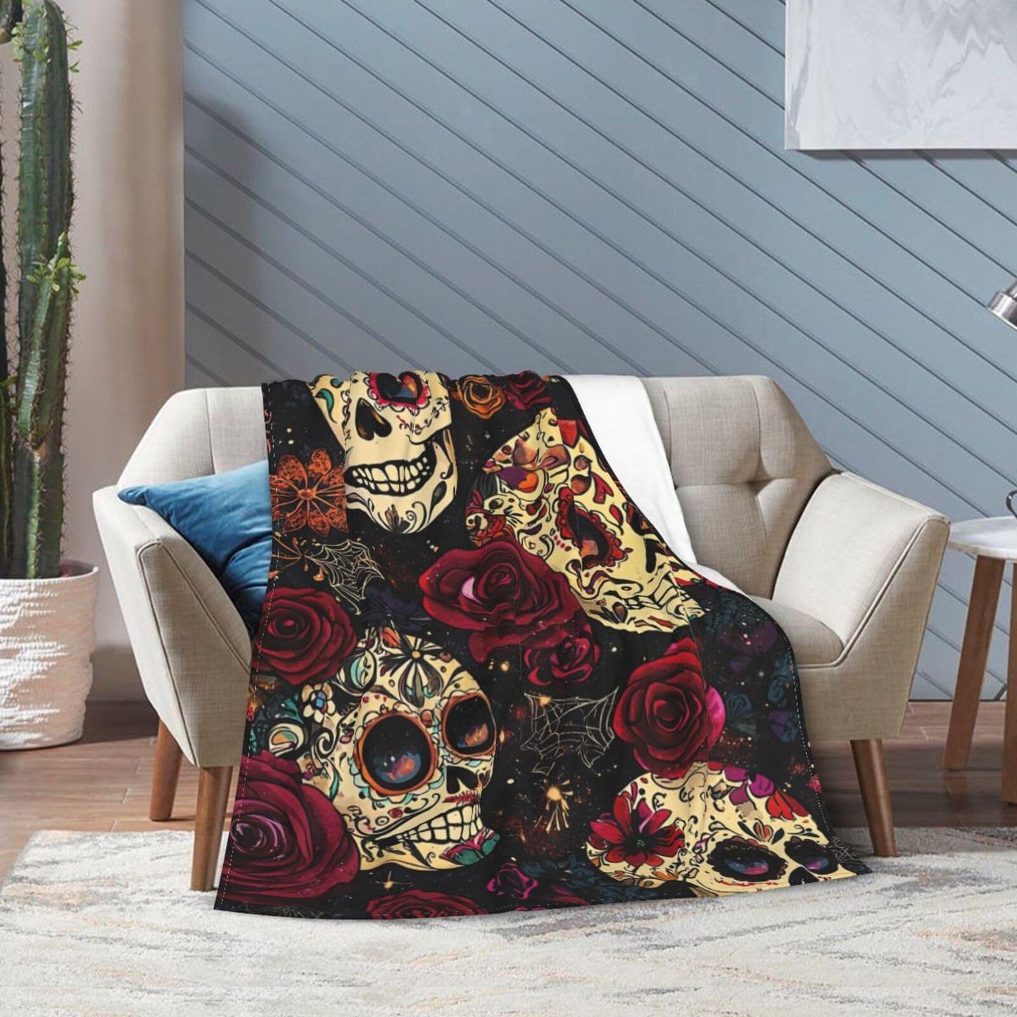 Skull Blanket Gothic Rose Flower Soft Flannel Blanket for Couch or Room Decor 60"x50"