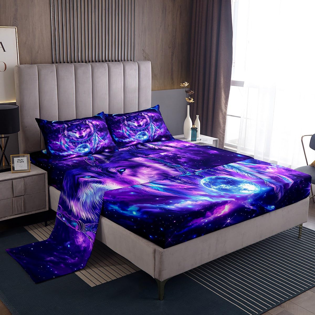Erosebridal Wolf Flat Fitted Sheet Full Tribal Animal Bed Set Bohemian Feather Wildlife Bed Sheets Set for Kids Boys Adult Bedroom Decor Starry Sky,Purple Blue Bedding Sets with 2 Pillow Cases
