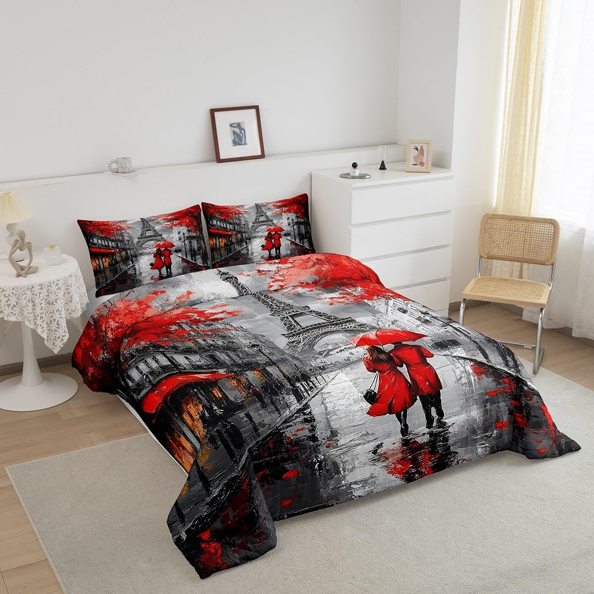 Red Paris Eiffel Tower Comforter Set Queen Size French Style Couple Lover Flower Bedding Sets For Girls Women Kids Quilted Duvet 1 Comforter + 2 Pillow Cases Romantic Bedroom Decor, Grey Black