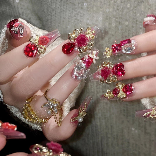 MISUD Press on Nails - Long Coffin Fake Nails with Red Rhinestone, Acrylic Handmade Design 24 pcs