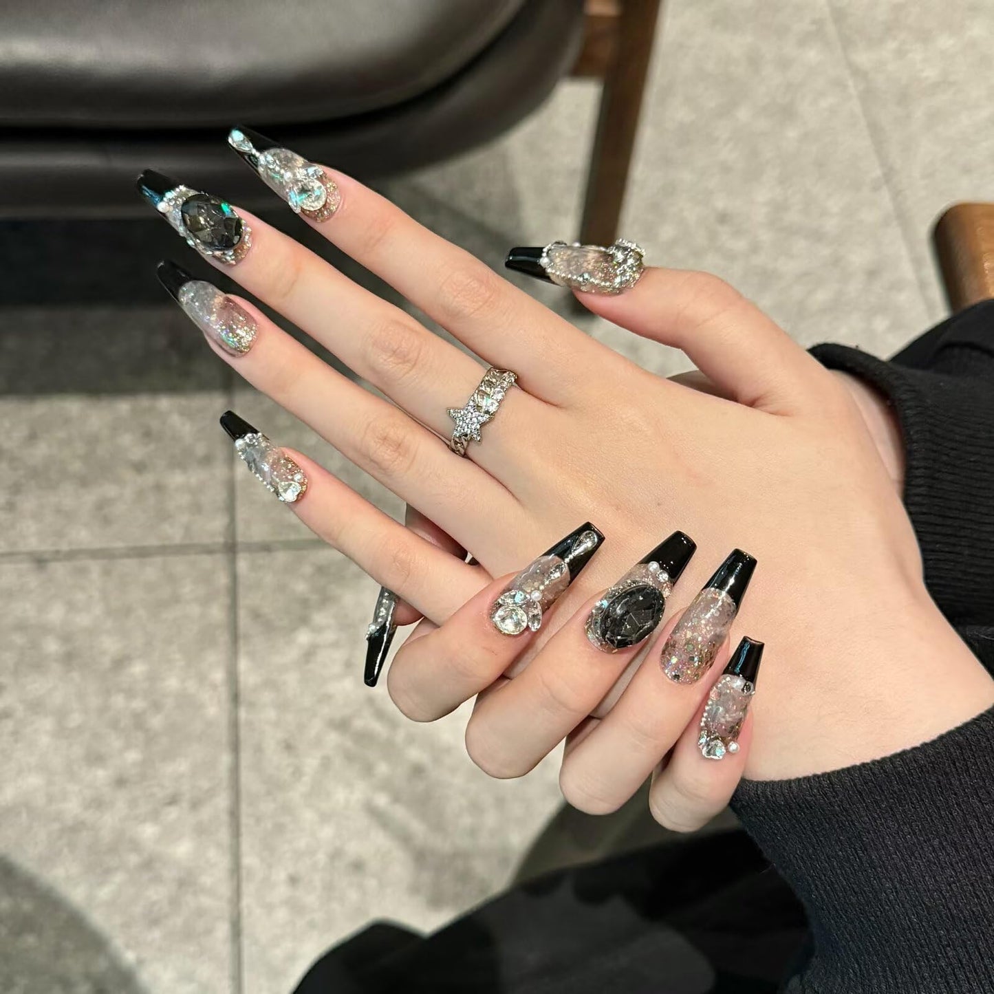 Handmade Press On Nails Long Square Reusable Stick On Fake Nails Luxury Elegant Sexy Style For Women Gift With Nail Glue Black M