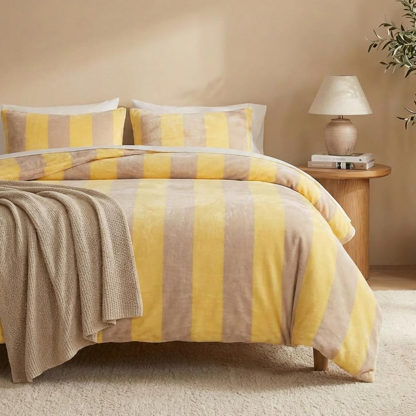 Bedbay Yellow Striped Comforter Set King Size Luxury Fleece Fluffy Comforter Set Plush Flannel Bedding Yellow Stripes Pattern Bed Set Soft Warm Velvet Bedding Comforter for All Seasons