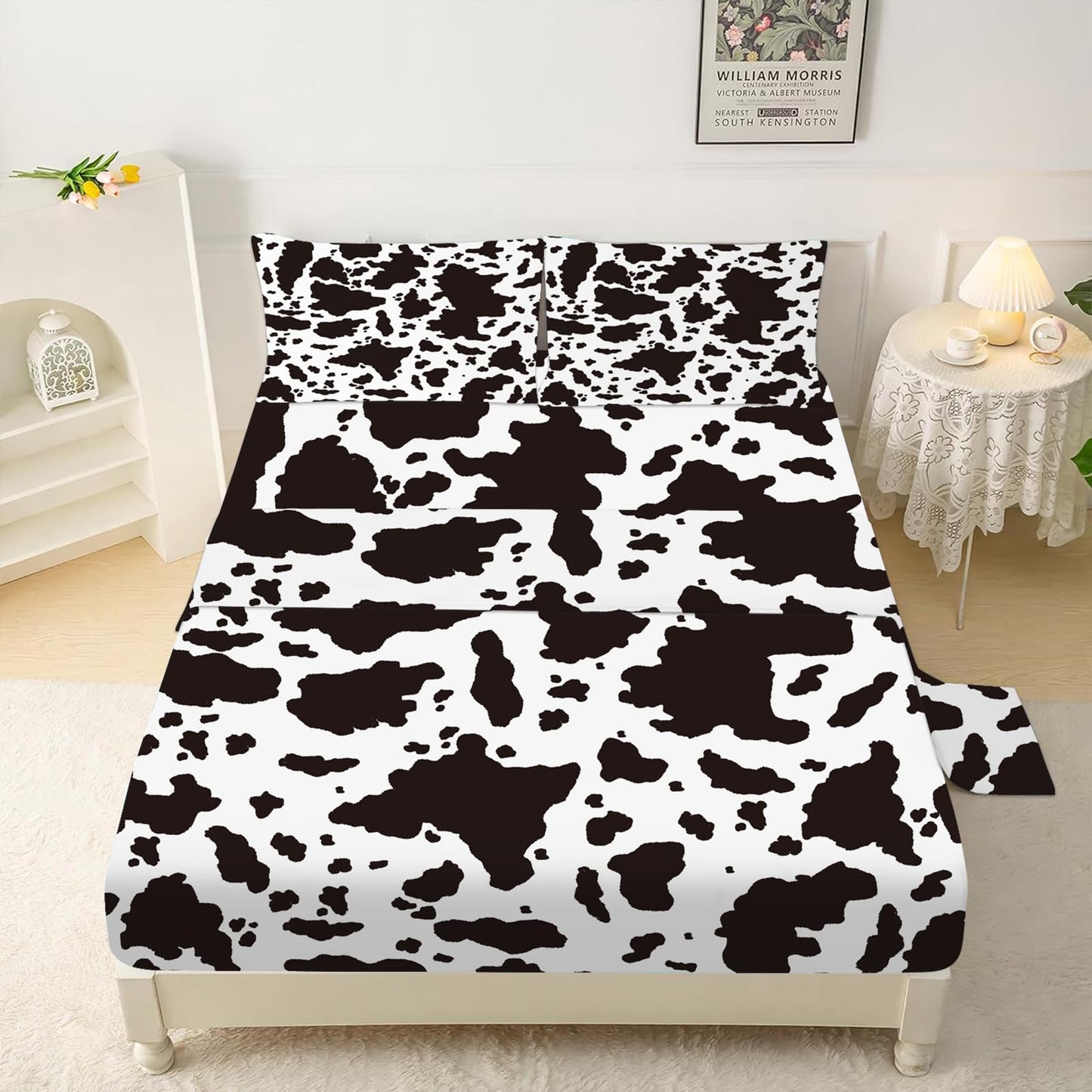 VTKON Cow Print Fitted Sheet Set Farmhouse Bed Set Twin for Boys and Grils, Cottage Milk Sheets Set with Deep Pocket, Cute Cow Bed Set with 1 Flat Sheet, 1 Fitted Sheet and 1 Pillowcase