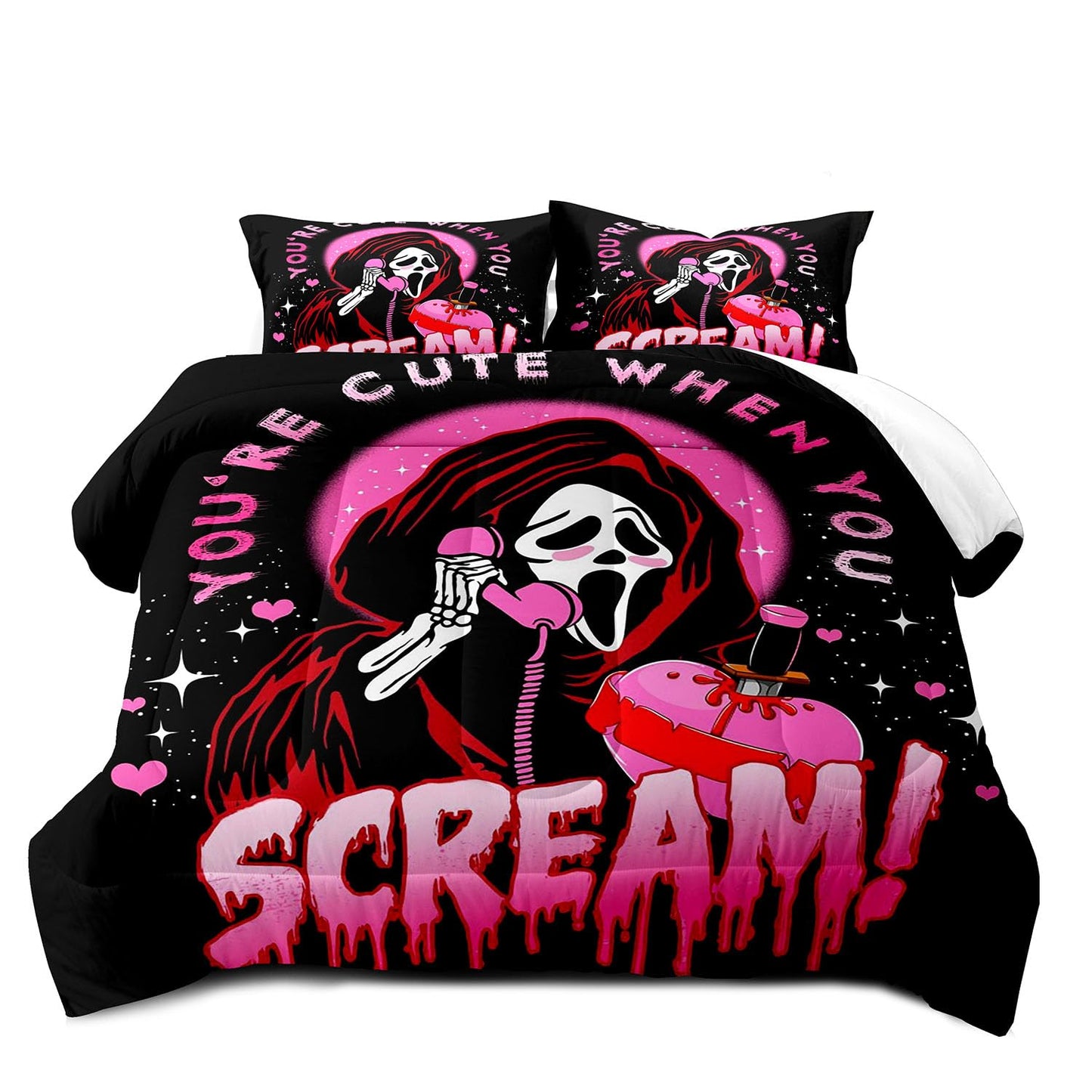 OLEBETY 2 Pieces Funny Ghost Comforter Set Twin Size, Teen Girls Bedding Set, Hot Pink and Black Bedding, Gothic Spooky Scary Horror Scream Skull Face Heart Halloween Bedroom Decor, 1 Pillowcase
