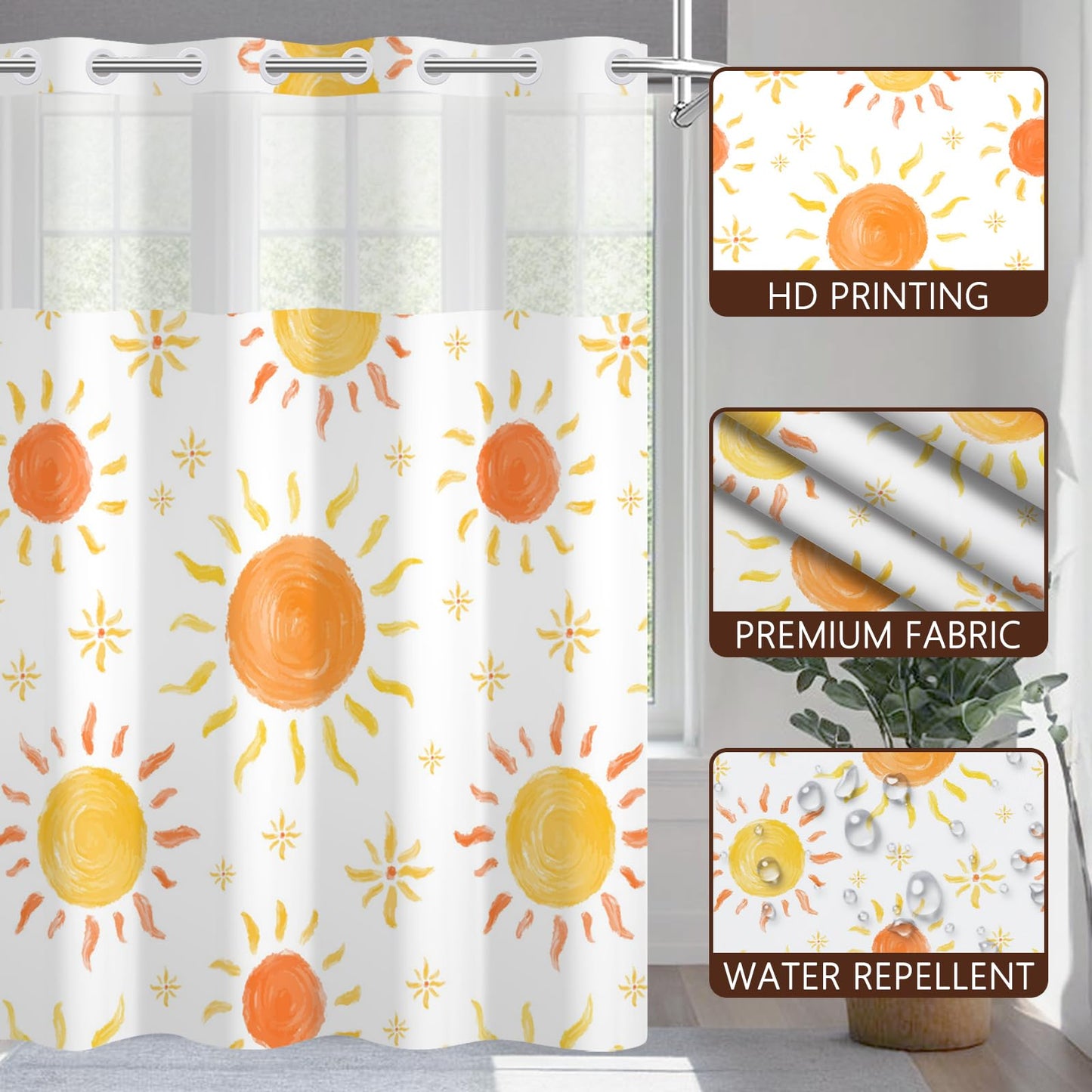 NAEMBCU No Hook Shower Curtain for Kids with Snap-in Liner 71x74 Inch