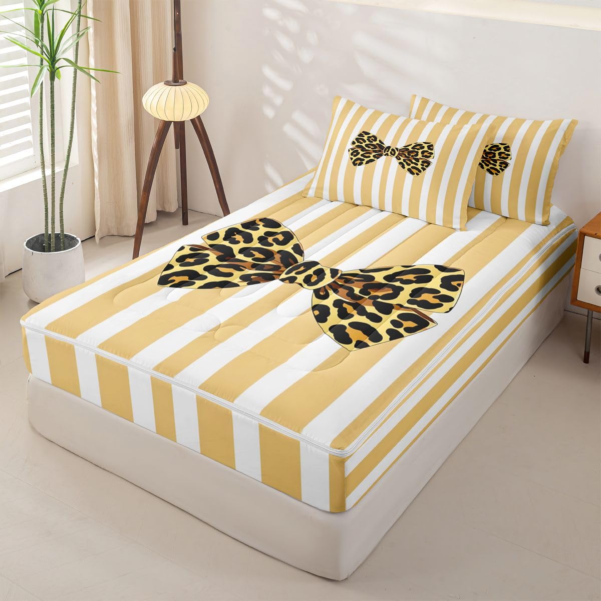 jejeloiu Girls Bow Comforter Set Twin Size Zipper Bedding Set for Girls Boys Brown Leopard Bowknot Comforter with Fitted Sheet, Pillowcases Yellow White Stripes Zipper Bedding Soft Bed in a Bag