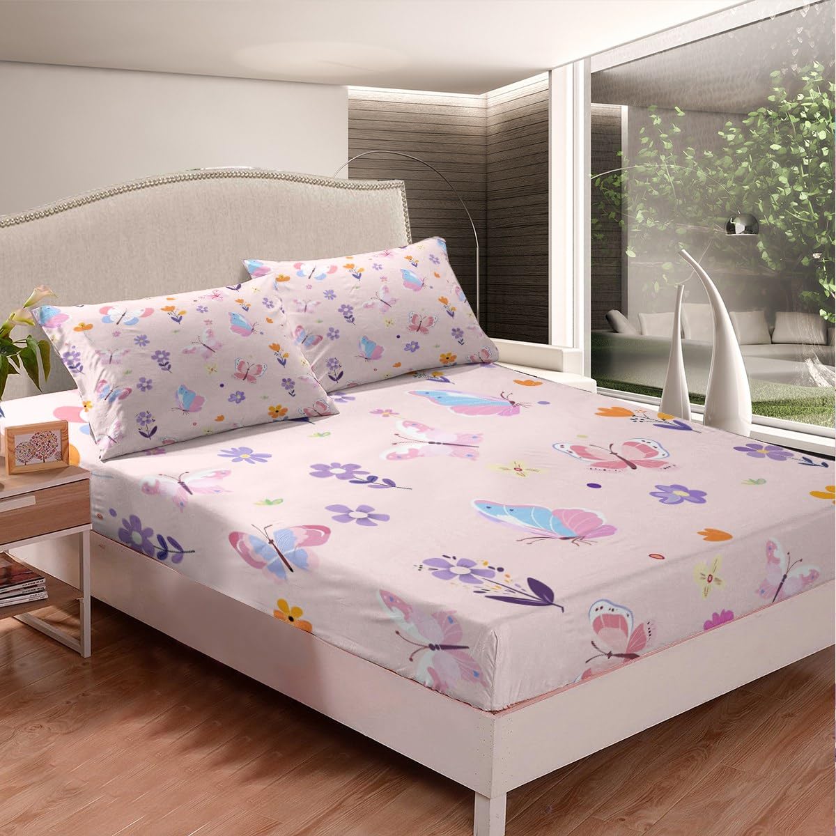 Erosebridal Cute Pink Floral Twin Fitted Sheet,Butterfly Kawaii Bedding Set for Girls Kids,Flower Garden Bed Set,Coquette Girly Flowers Bed Sheets 2Pcs Bedroom Decor (No Flat Sheet)