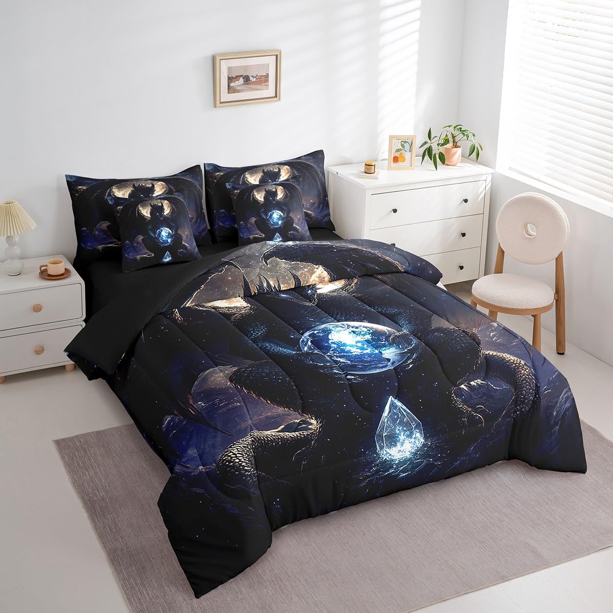 Feelyou Dragon Comforter Set with Sheets Twin Size Dragon Stuff Bed in a Bag for Boys Girls Teens Wild Life 7 Pieces Bedding Set Dragon Decor Bed Set Room Decor Black