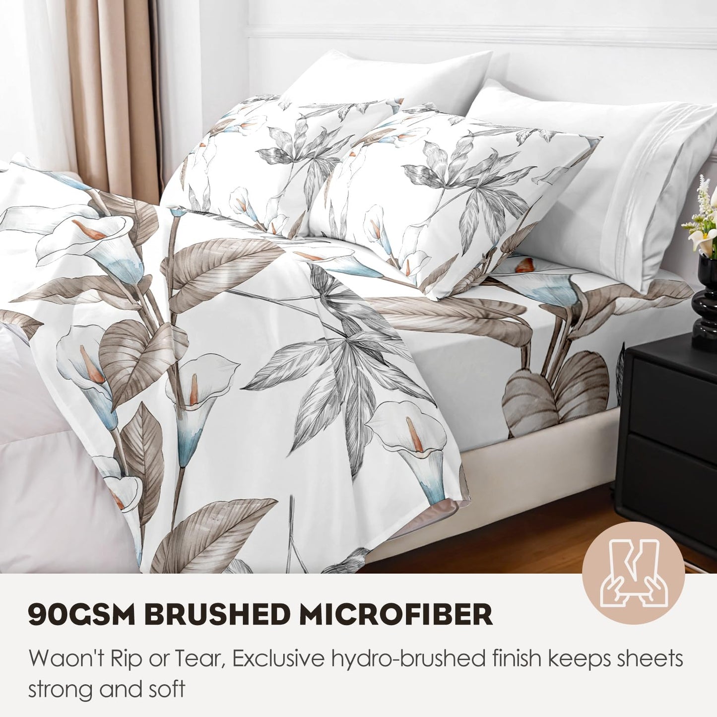 HCORA Floral Queen Sheet Set, Luxury 1800TC Hotel Quality Double Brushed Microfiber Deep Pocket Bed Sheets, Ultra Soft, Breathable and Cooling, 4PC, Queen Size