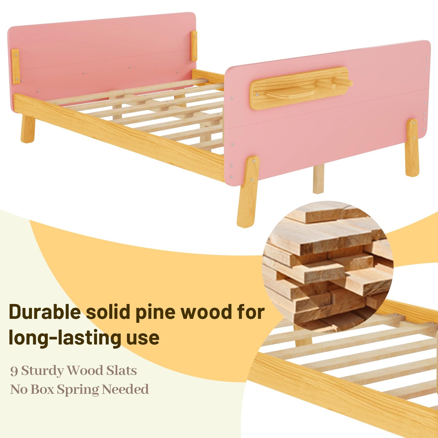 Aurnienofus Full Size Bed Frame with Removable Rails, Montessori Wood Beds with Headboard, Storage Shelf & 2 Hanging Rod, Full Bed Frames Low to Ground for Children Boys Girls, Pink