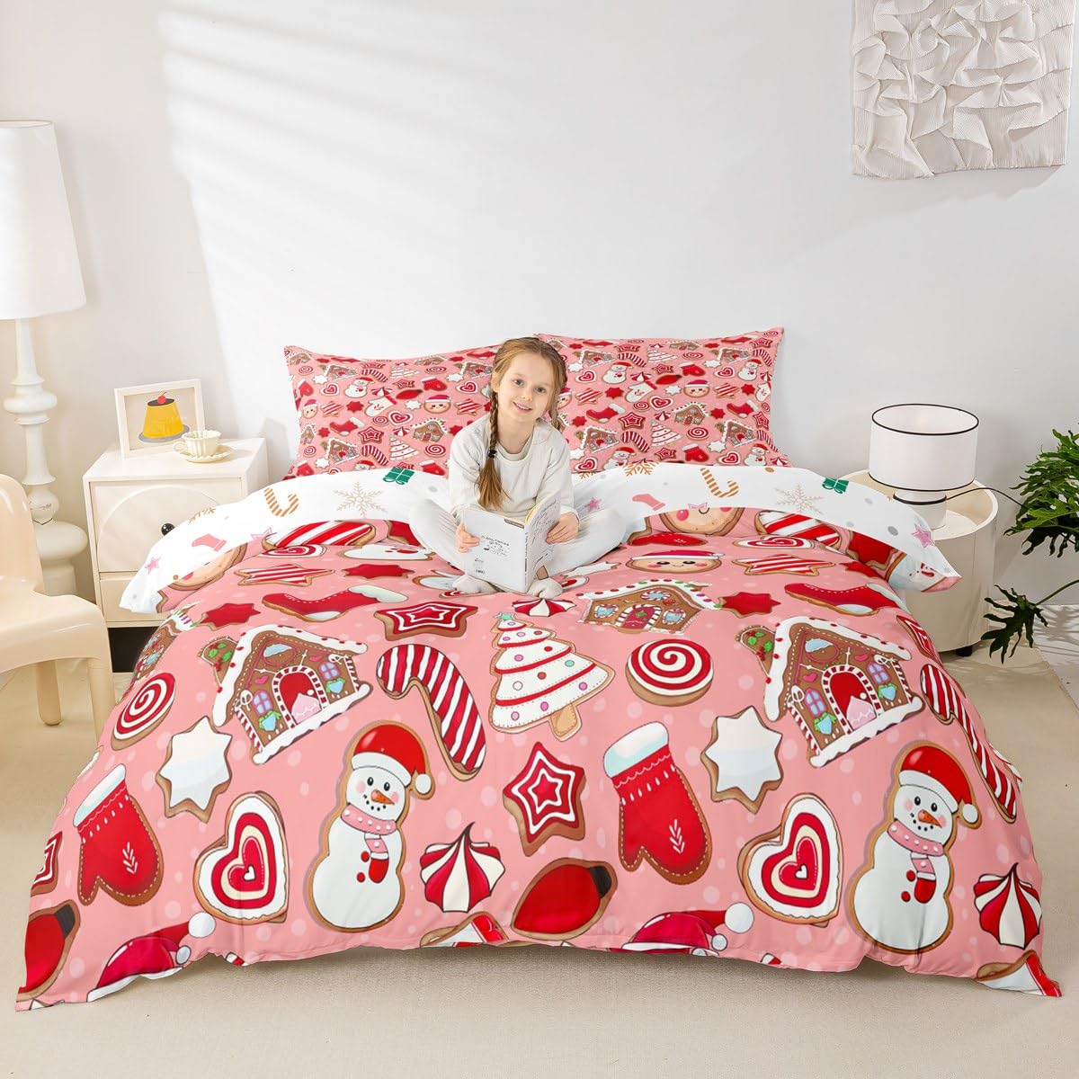 Christmas Duvet Cover Set Twin Size Cartoon Gingerbread Santa Claus Bedding Set 2pcs for Kids Girls Boys Bedroom Decor Cute Snowman Christmas Tree Comforter Cover Pink Red Quilt Cover,1 Pillowcase