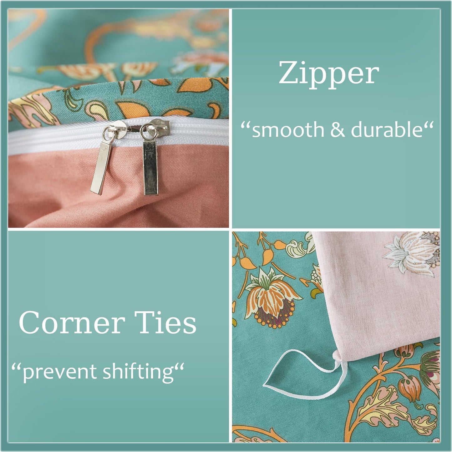 Zusbest Boho Duvet Cover Set Queen Size 100% Cotton Floral Bohemian Comforter Cover Teal Green Printed Reversible Orange Bedding Luxury Crisp Soft French Country Bedding 3Pcs, Queen