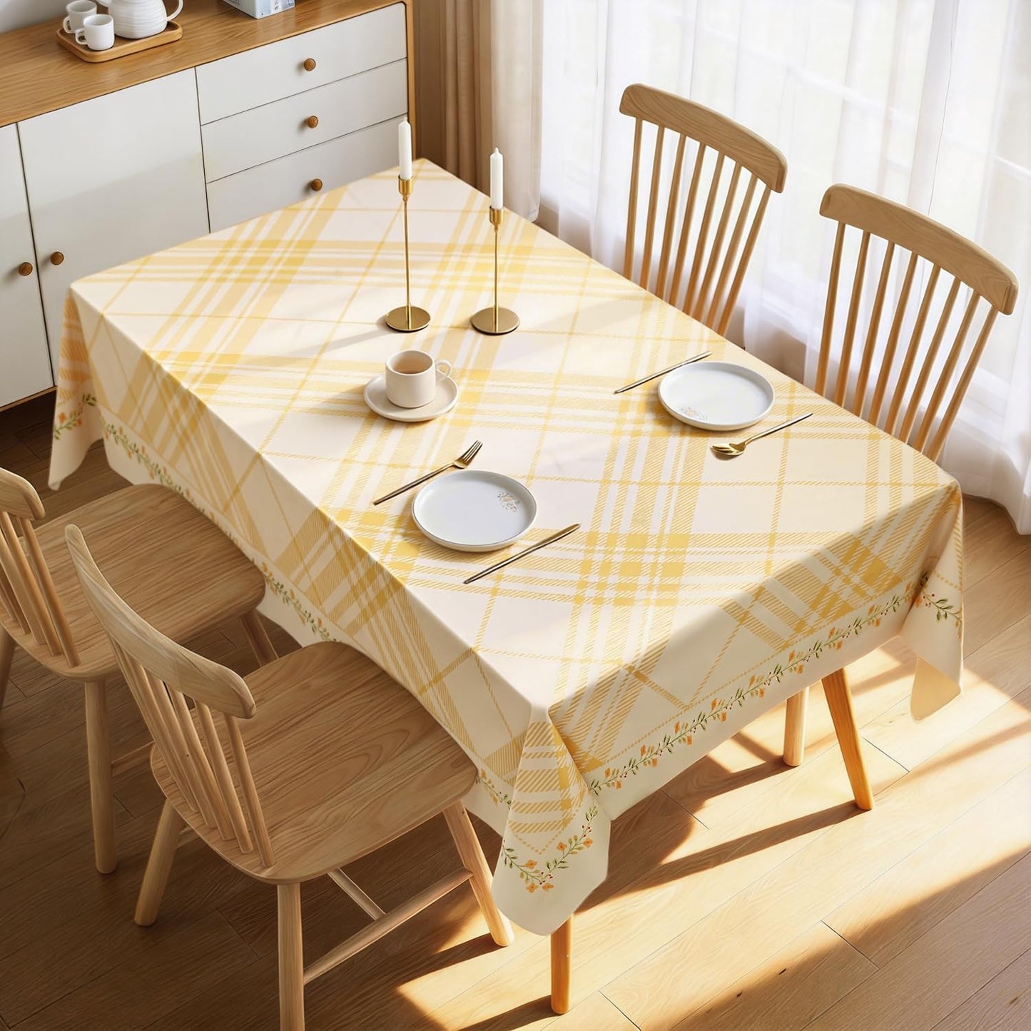 Quantum Love Heavy Duty Vinyl Tablecloths Rectangular Waterproof Plastic Yellow Table Cloth Wipeable Washable Table Cover for Dining Birthday Living Room Gathering (55'' x 78'',Lemon Stripe Check)