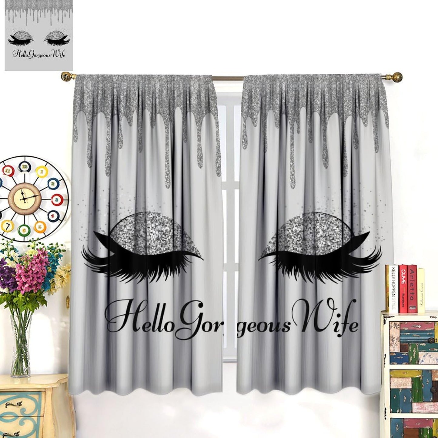 VUMIVI Hello Gorgeous Curtains Silver Drip Eyelashes Makeup Fashion Trend Window Treatments for Girls Kids Bedroom Living Dining Room 42" W X 44.5" L