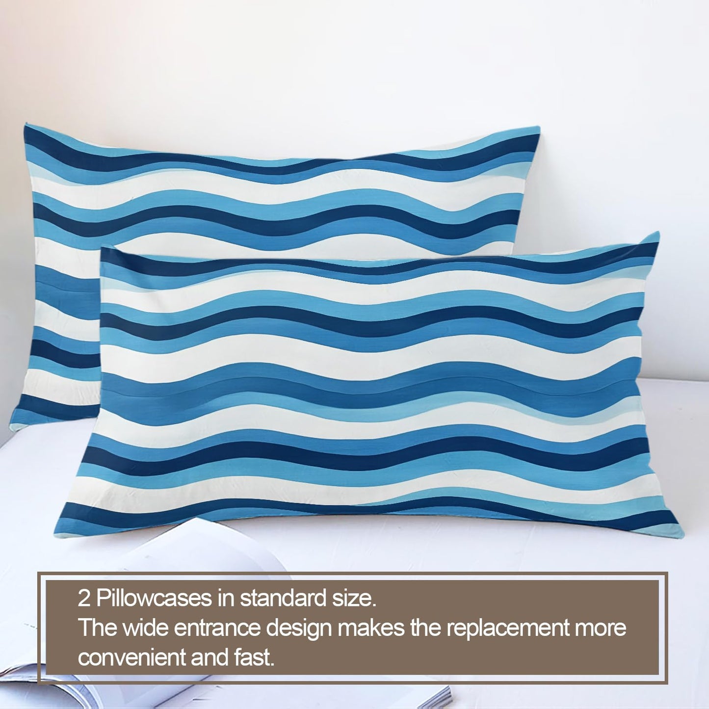 GKPLY Waves Bedding Sets, Blue White Stripes Duvet Cover Full, Ocean Wave Comforter Cover with Zipper & Ties, 3 Pieces Quilt with 2 Pillowcases, Easy Care