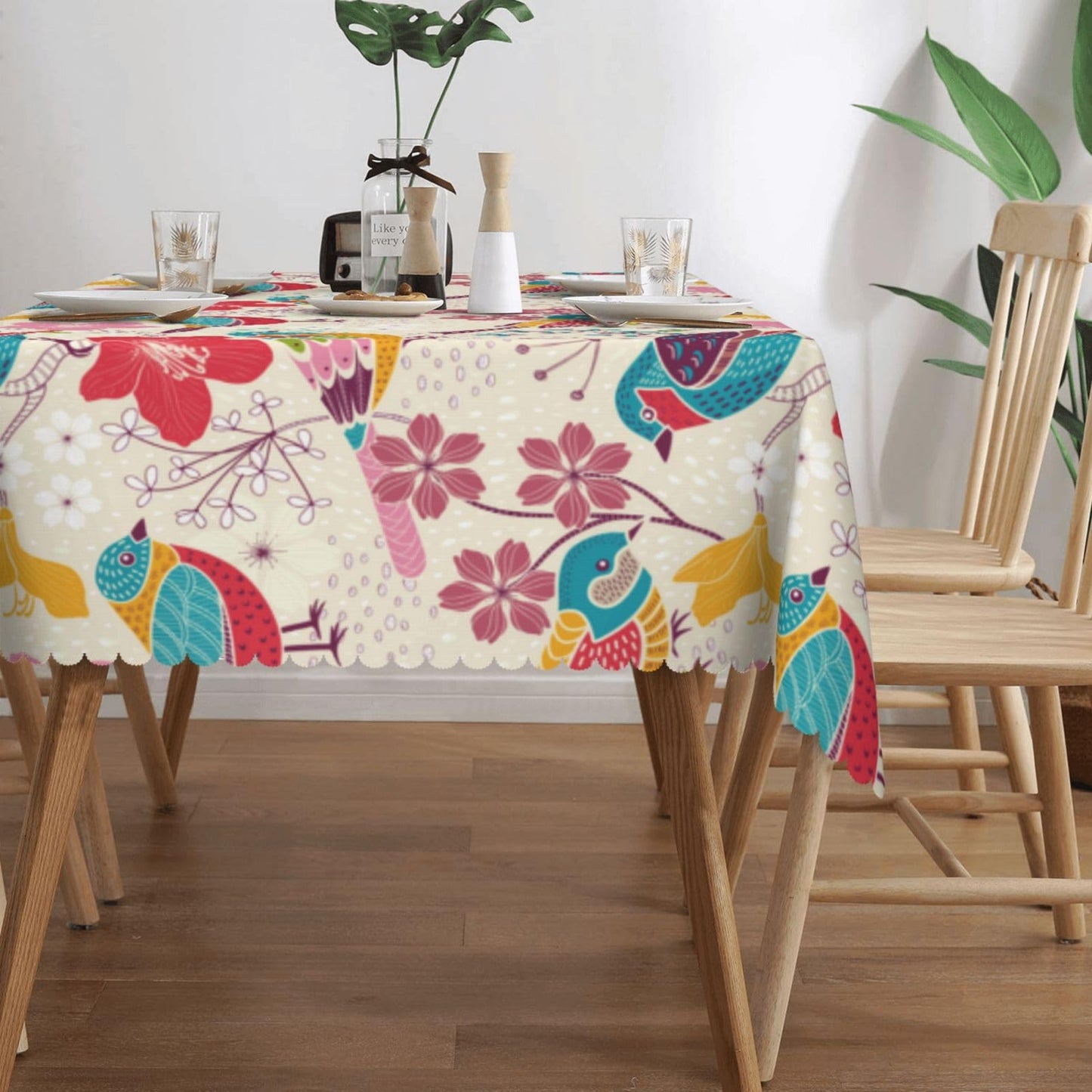 LORCARVIS Floral with Birds Tablecloth Floral Birds Pattern Polyester Rectangle Table Cloth Washable Seasonal Tabletop for Kitchen Dinning Party Outdoor Picnic 54 x 72 Inch Tablecloths