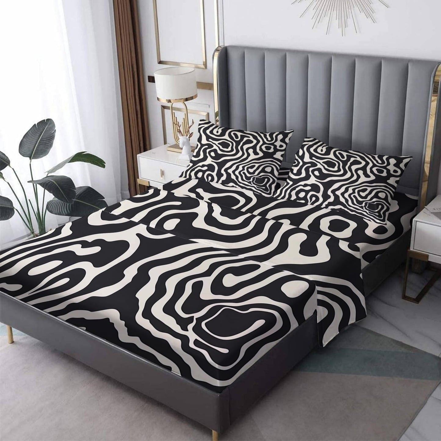 zcsm Optical Illusion Sheets Queen Sheet Set - Black and White Bed Sheets, Soft Microfiber & Deep Pocket & Wrinkle Free Bedding Sheets & Pillowcases, 1 Fitted Sheet, 1 Flat Sheet, 2 Pillow Cases
