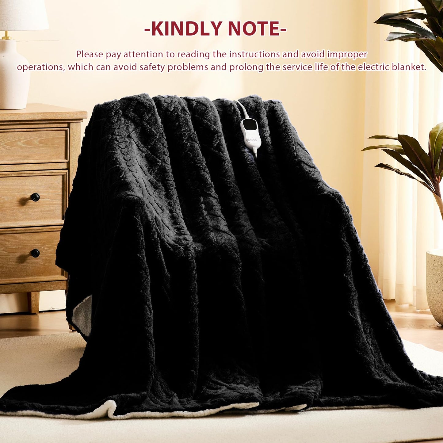 JKMAX Heated Electric Blanket Full Size-72"x84" Heating Blanket with 10 Heating Levels & 5 Time Settings Over-Heat Protection，Winter Warmer for Adults with ETL Certification（Black）