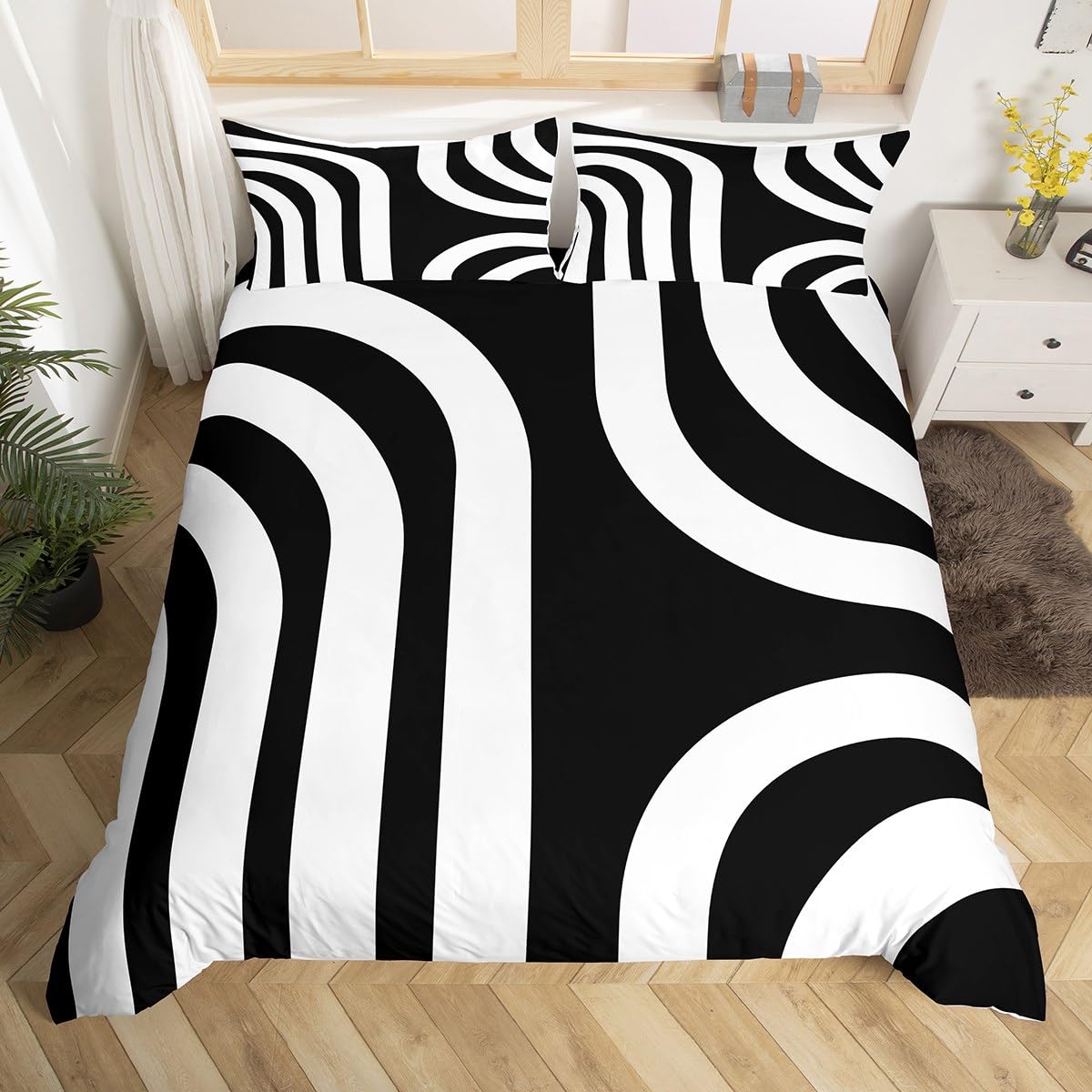 jejeloiu Black White Geometric Duvet Cover Kids Geometric Bedding Set King Size Abstract Art Comforter Cover for Women Men Room Decor Soft Microfiber Modern with 2 Pillow Case,No Comforter
