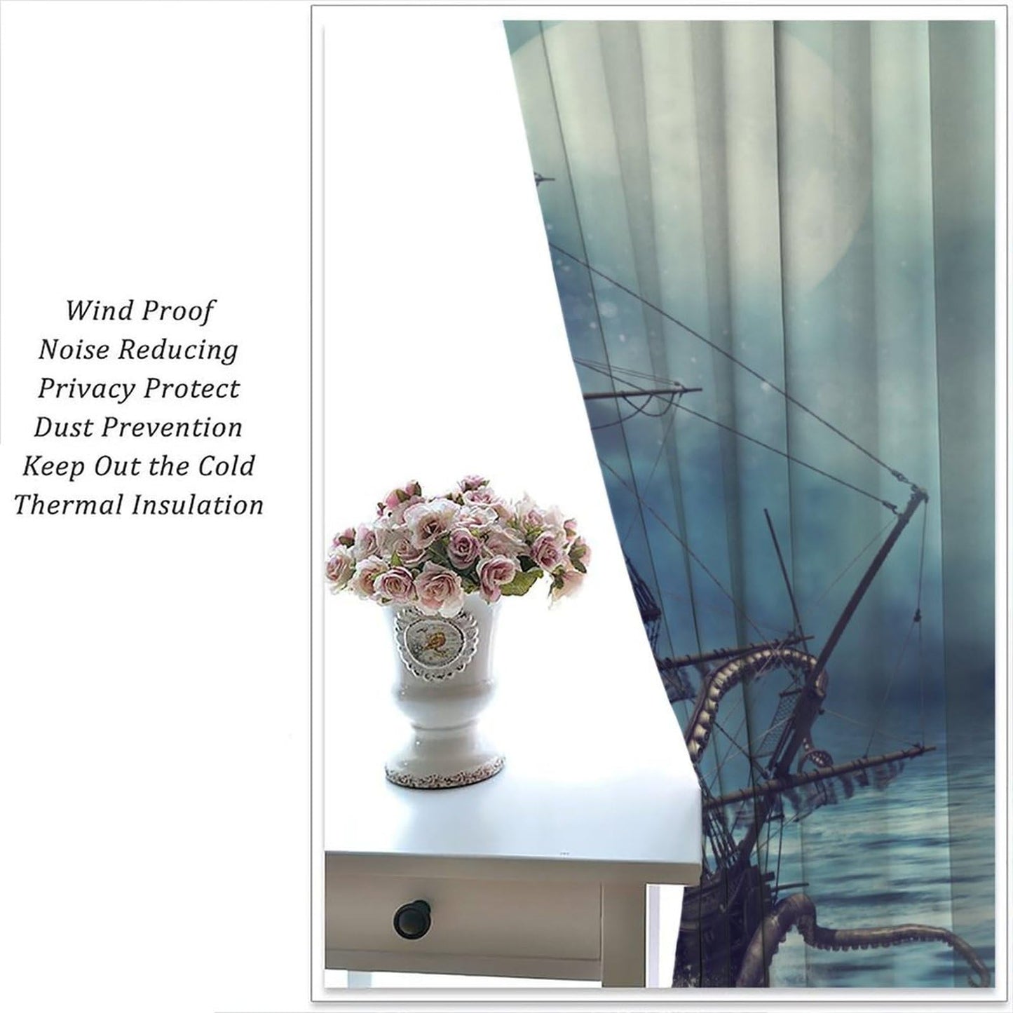 Navy Ocean Curtains, Nautical Sailing Ship Window Drapes for Bedroom Living Room Kitchen, Coastal Beach House Decor, Storm Octopus Theme, 20.5" W x 44.5" L, 2 Panels （No Blackout）