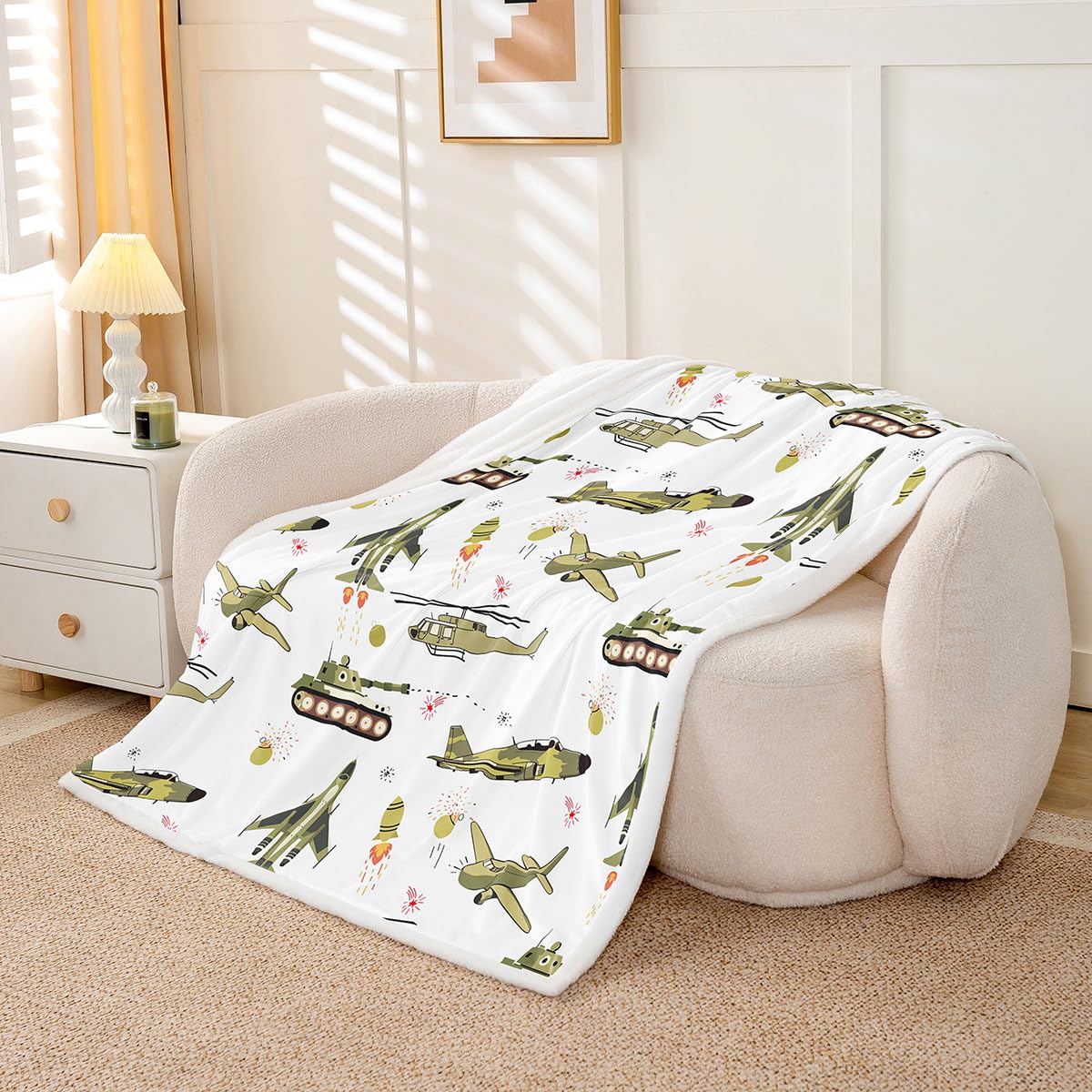Feelyou Kids Blanket Cartoon Aircraft Print Fleece Blankets Boys Teens Military Airplane Pattern Fighter Tank Sherpa Throw Blanket for Couch Bed Sofa 50" x 60"