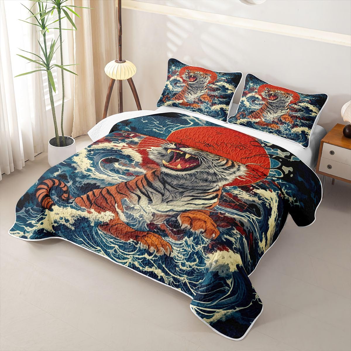 Erosebridal Japanese Style Quilt Twin Size - Watercolor Tiger Print Bedspread Red Sun and Japanese Wave Bed Coverlet with 1 Pillowcase